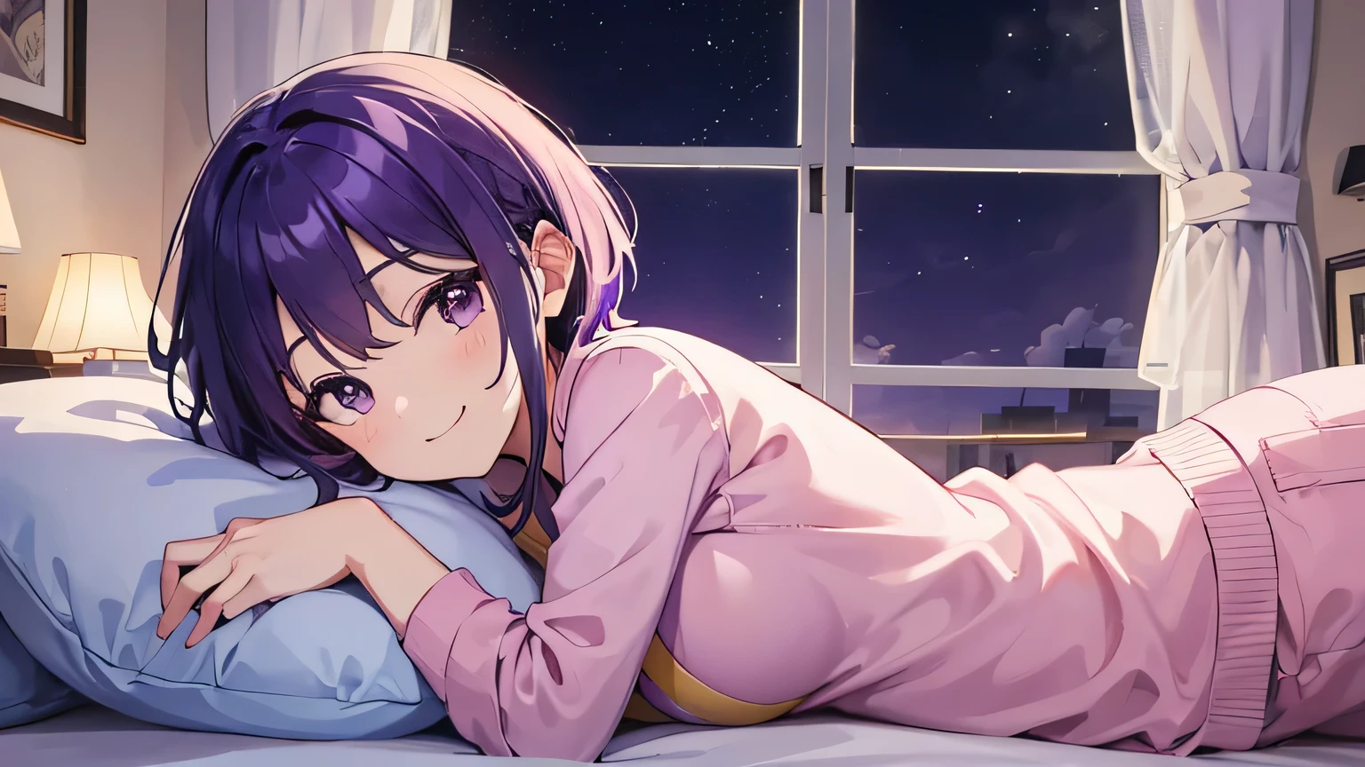 (T Masterpiece，4k wallpaper，best quality))、((girl１people))、(solo)、Shining and vivid，(purple hair)、(shortcut:1.3)、smile、Bedroom、pajamas、night