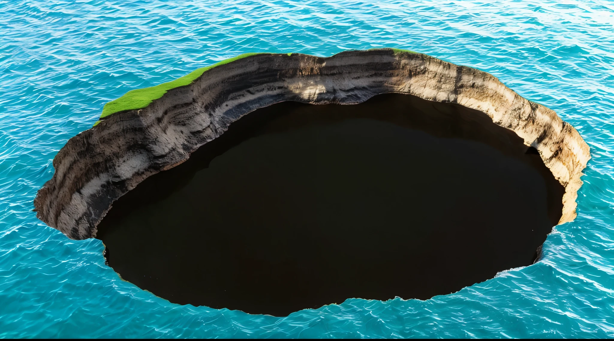 arafed view of a large hole in the middle of the ocean, deep sinkhole, sinkhole, sinkholes, huge black round hole, island with cave, crater, vantablack, black round hole, pothorealistic, an island made of caviar, huge black circle, epic matte painting of an island, tar - like, black-water-background, same design, realistic image, 16k resolution, very detailed