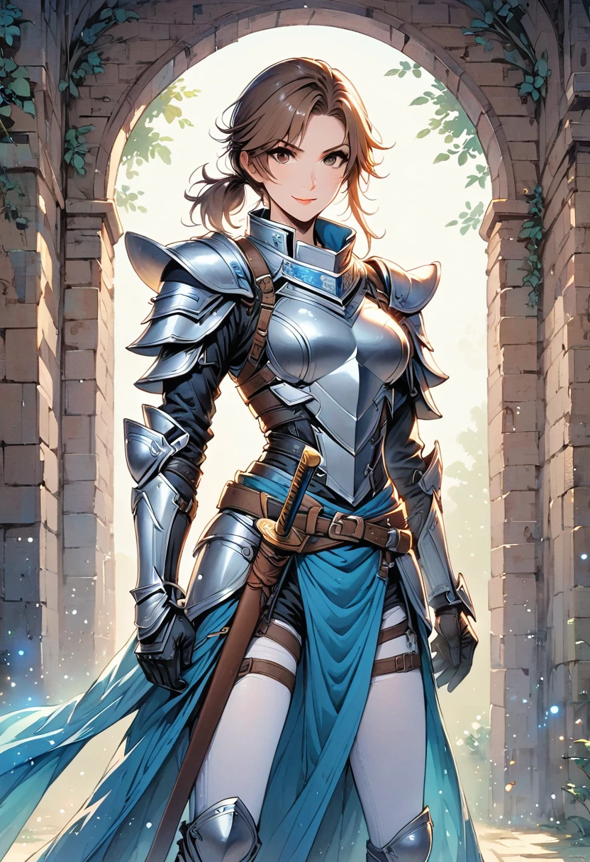 Asuna, Asuna_(Star), (1 girl,alone) ,fantasy, high resolution, No. 19, The original, (Worn in a sheath around the waist:1.3), Smile, (white knight wizard cloak:1.5), short hair, medium breasts, looking at the audience, Bangs ,Delicate hazel eyes, beautiful background, ((morning sun,Western style private room)), Put your hands on your chest,(brown hair,short ponytail:1.5), (Platinum Knight Wizard Full Armor:1.55),short hair, permanent,direct, Abeke,(whole body:1.1), white stockings,(Abeke:1.4),