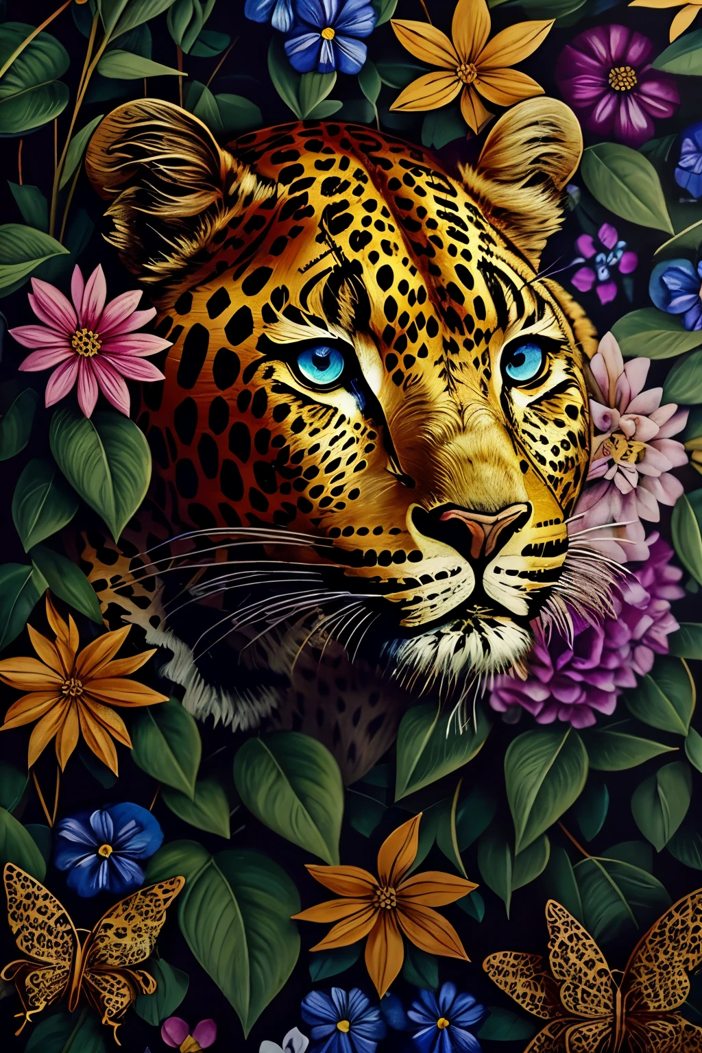 contemporary art collage, Leopard head, With flowers and leaves, some smart insects, painted, super detailed, full color, bright colors, 8K, actual