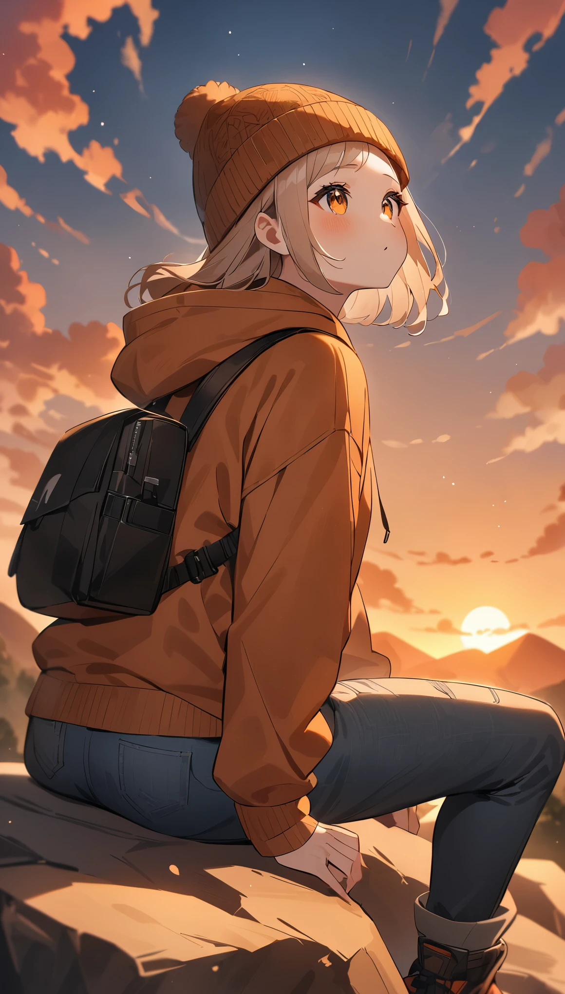 highest quality、Masseter muscle part、super detailed、8k、solo、perfect ???????、correct depiction of the human body、(((巨大な岩の上に座ってlook at the skyいる女の子、sitting on a rock、look up_away:1.2、look at the sky)))、from behind、knit hat、Greyprint Hoodie、Straight Old Denim、distressed jeans、trekking shoes、Backpacker、evening、sunset、blurred background:1.5、outdoor、Mountains of the Andes々々々々々々、Orange sky、scaly cloud