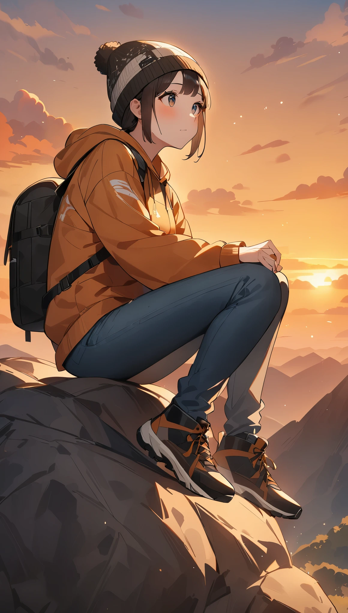 highest quality、Masseter muscle part、super detailed、8ｋ、solo、perfect anatomy、correct depiction of the human body、(((巨大な岩の上に座ってlook at the skyいる女の子、sitting on a rock、look up_away:1.2、look at the sky)))、from behind、knit hat、Greyprint Hoodie、Straight Old Denim、distressed jeans、trekking shoes、Backpacker、evening、sunset、blurred background:1.5、outdoor、Mountains of the Andes々々々々々々、Orange sky、scaly cloud