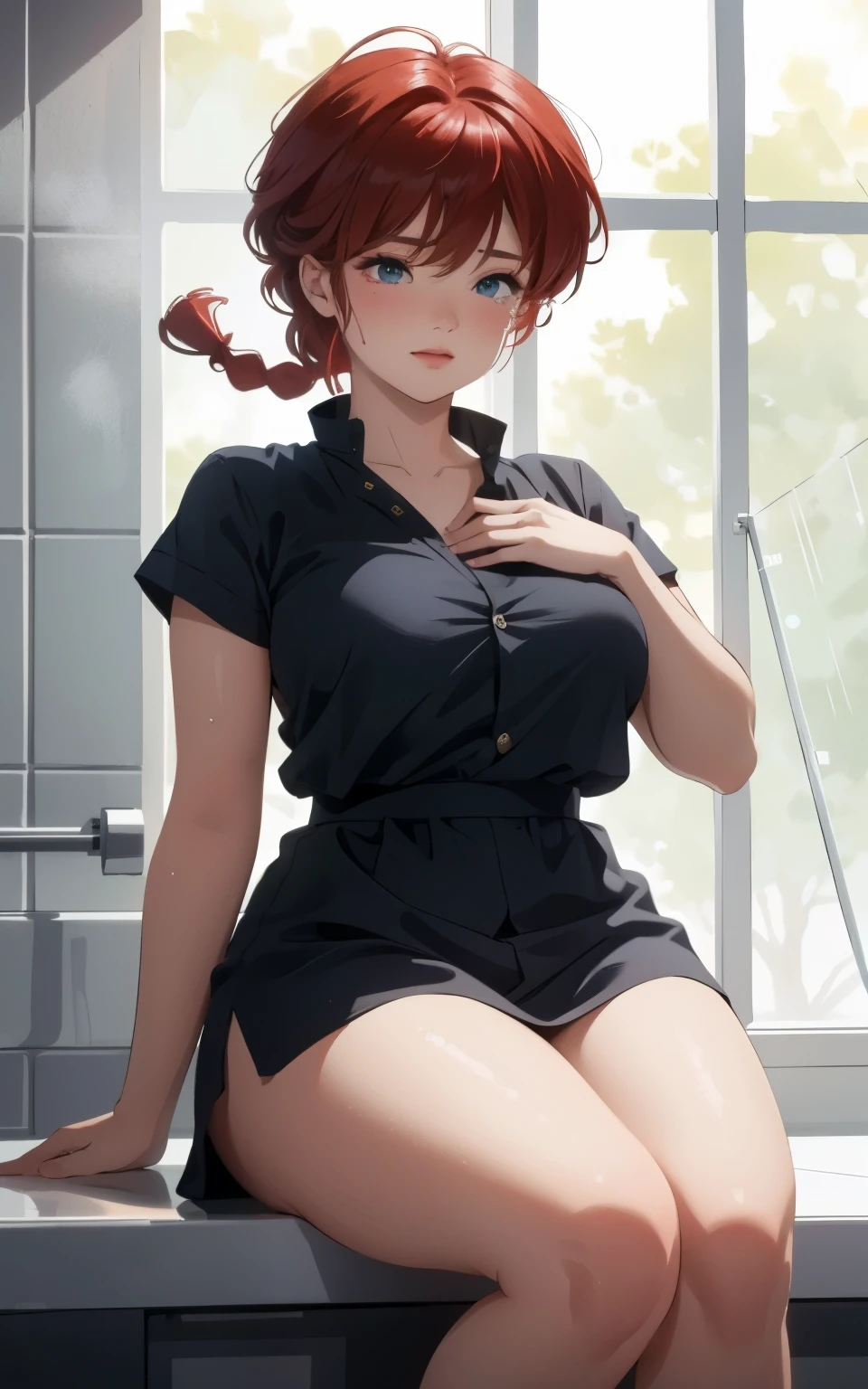 shower room , (sobbing:1.3) , (cry:1.3) , (streaming tears:1.3) , full-face blush , hand between legs , sitting , (curvy:1.3) , completely nude , ranma1/2, ranma-chan , (red hair) , short hair , (braided ponytail) , ((bangs)) , bumpy bangs , closed eyes , best quality, ultra-detailed, (illustration), ultra-detailed,  boyish face , super detailed skin , Thick , fat , thick thighs , big breasts , erectile nipples , perfect anatomy , good anatomy, wet , Ranma is completely naked in shower room. , (masterpiece) , (best quality) , (highres) , (8k wallpaper) , (detailed illustration) , photorealistic , cinematic lighting , shading , ultra-detailed, vibrant colour , shadow, contrast, refraction, perspective, depth, stunning details , ,femaleranma, braided ponytail, 