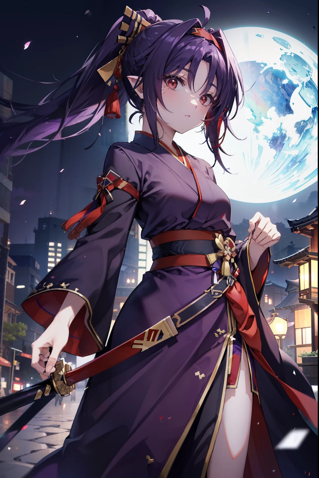 yuukikonno, Yuki Konno, hair band, long hair, pointy ears,ponytail, purple hair, (red eyes:1.5), (small breasts:1.2), open your mouth,purple kimono,red hakama,boots,Japan sword 1:1 Hold the grip in your hand,
break looking at viewer, Upper body, whole body,
break outdoors, medieval europe cityscape,
break (masterpiece:1.2), highest quality, High resolution, unity 8k wallpaper, (shape:0.8), (thin and beautiful eyes:1.6), highly detailed face, perfect lighting, Very detailed CG, (perfect hands, perfect anatomy),