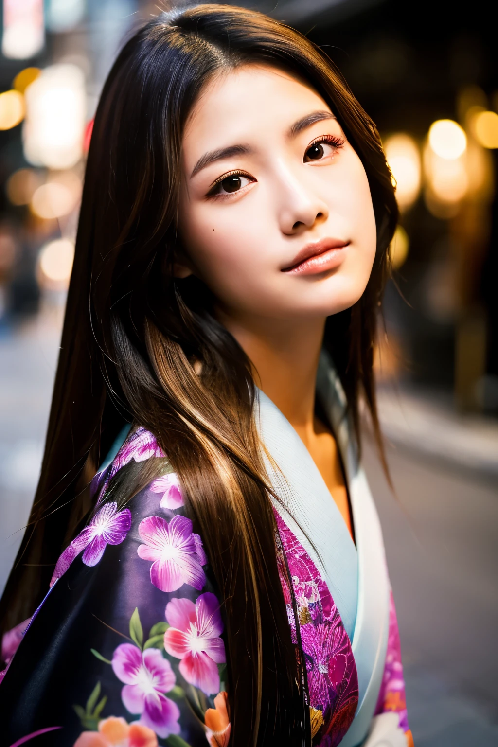 Beautiful Japanese supermodel woman, A lock of hair with slight highlights, black eyes, Sexy，street background，Gorgeous kimono , Liquid color flows across her face, Shooting against the light，Perfect facial lighting，mixed media