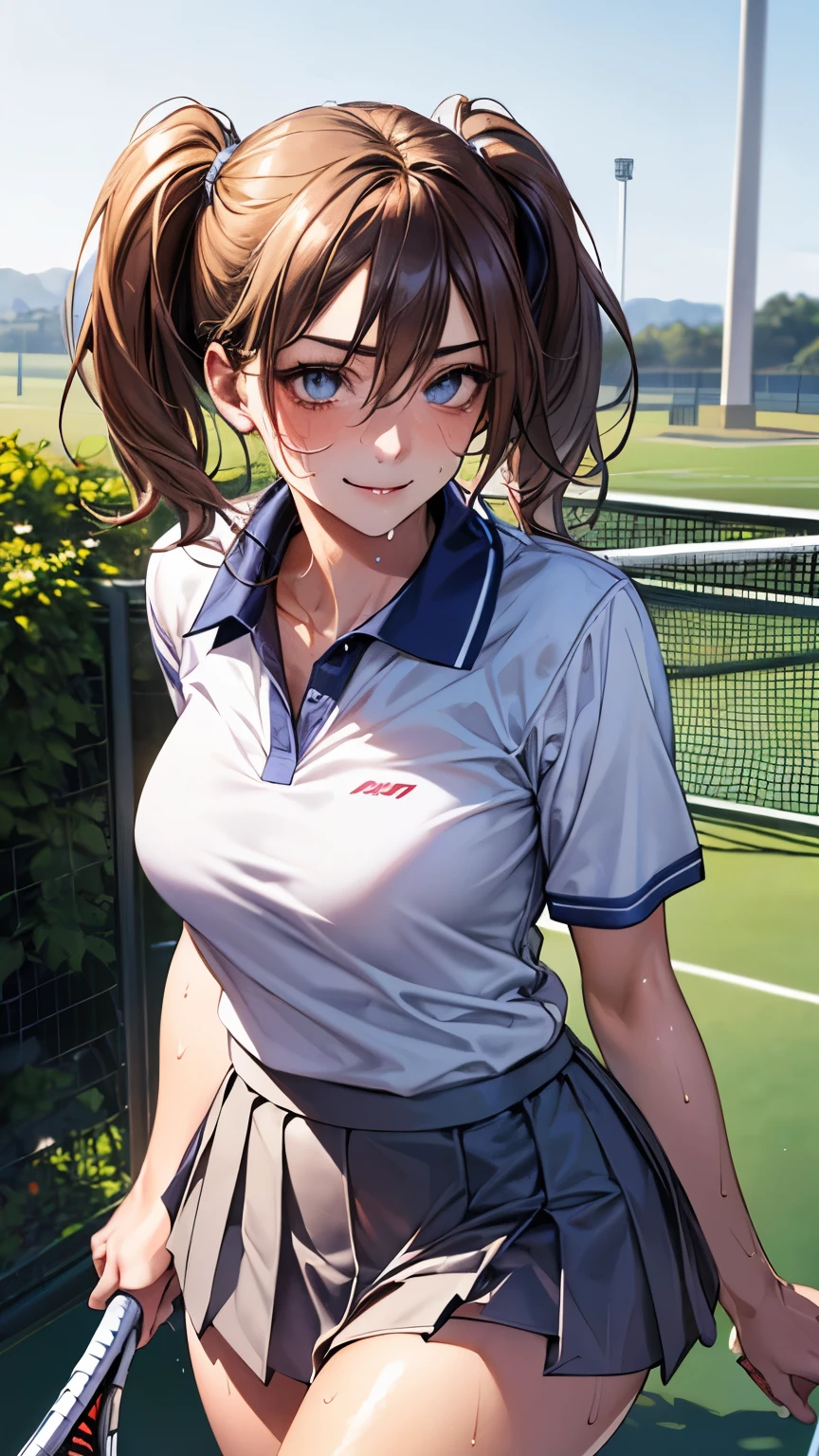 (masterpiece:1.2, highest quality), (realistic, photorealistic:1.4), beautiful illustrations, (natural side lighting, movie lighting),
looking at the viewer, cowboy shot, Front view, 1 girl, Japanese, high school girl, perfect face, Cute symmetrical face, (shiny skin, sweaty:1.4), baby face,
(short hair:1.2, twin tails:1.5, light brown hair), hair between eyes, gold eyes, (medium breasts, seductive thighs, big ass),
beautiful hair, beautiful face, detailed and beautiful eyes, beautiful clavicle, beautiful body, beautiful breasts, beautiful thighs, beautiful feet, beautiful fingers,
((white polo shirt, white sneakers, tennis wear, navy mini skirt),
(beautiful scenery), evening, outdoor, null, realistic pupils, (cute smile, upper eye),