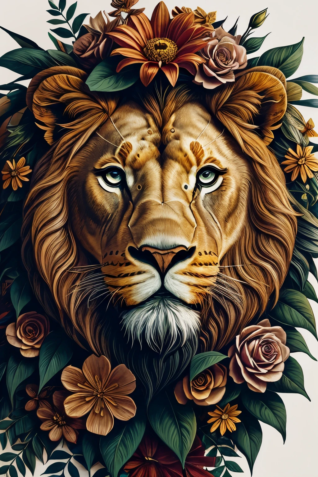 contemporary art collage, lion head,front，With flowers and leaves, some smart insects, painted, super detailed, full color, bright colors, 8K, actual