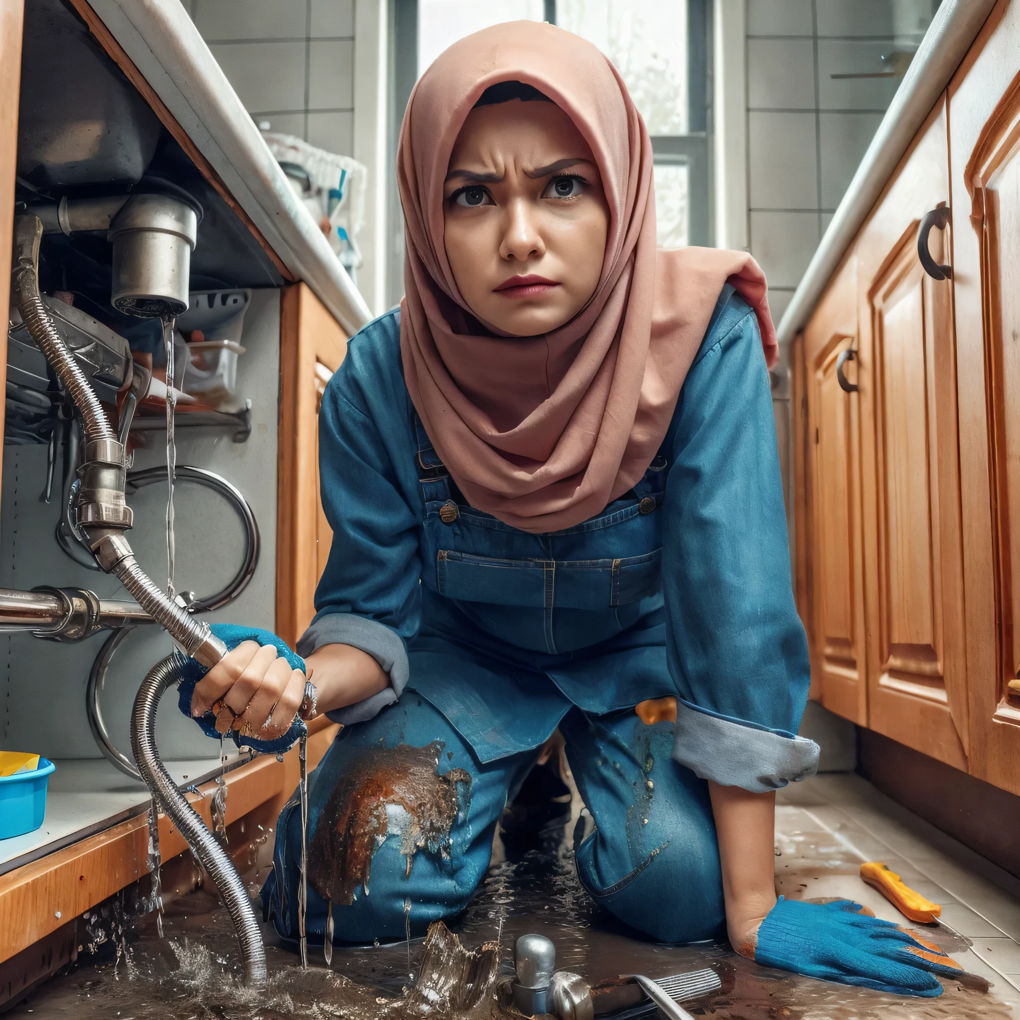 A realistic detailed photo of a woman in work clothes very angry. She is under the kitchen sink repairing a broken pipe, leaking water all over her. HDR+