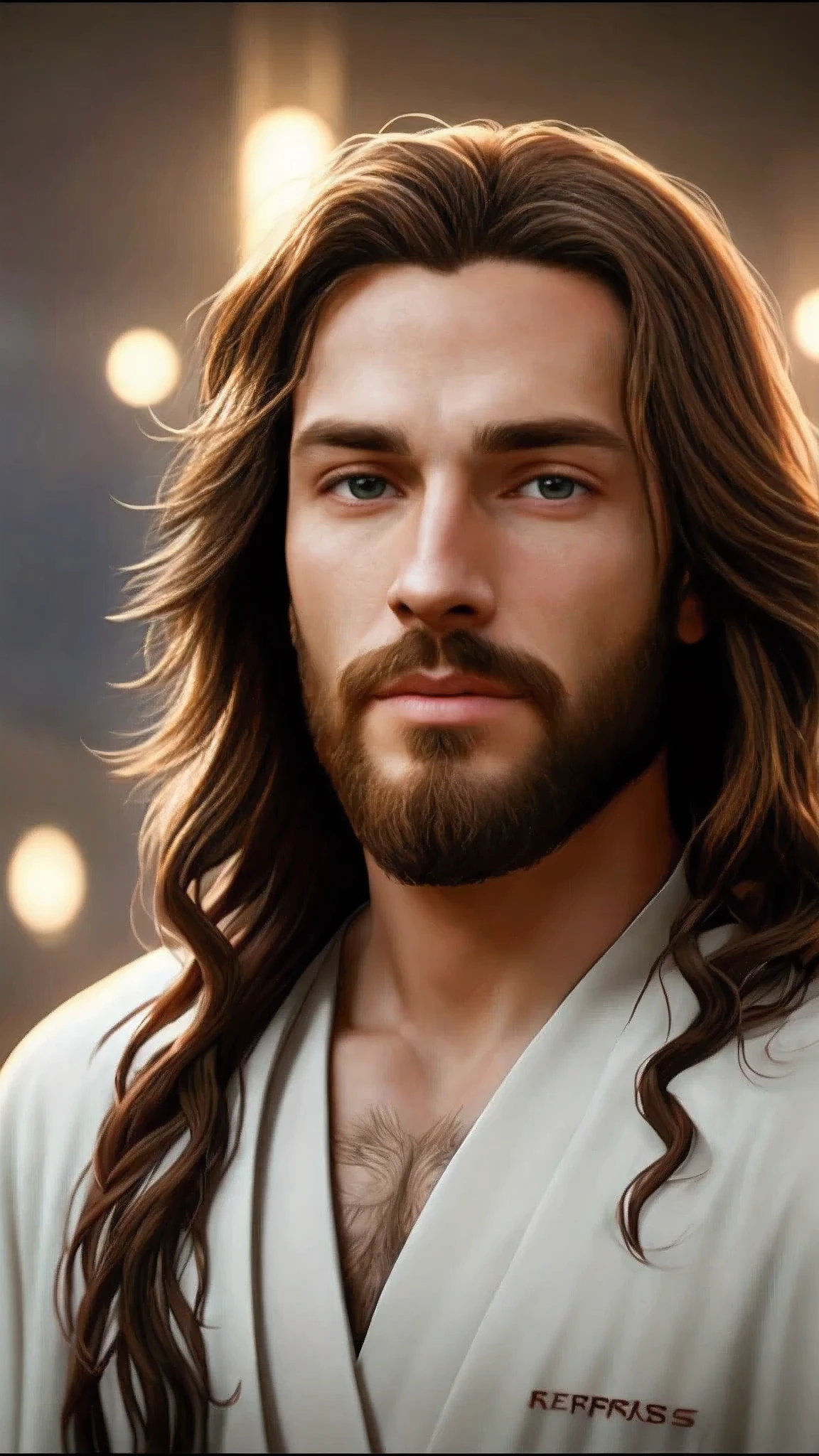 a man with long hair and a beard wearing a white robe, jesus christ, portrait of jesus christ, jesus of nazareth, jesus face, greg olsen, dressed like jesus christ, jesus, jesus christ in mass effect, the lord and savior, tron legacy jesus christ, handsome stunning realistic, young almighty god, tron legacy jesus, handsome male, handsome man