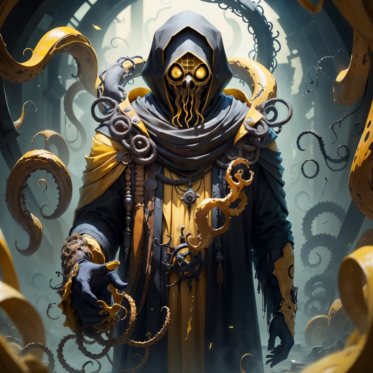 black cultist with yellow mask, Surrounded by yellow tentacles and mist