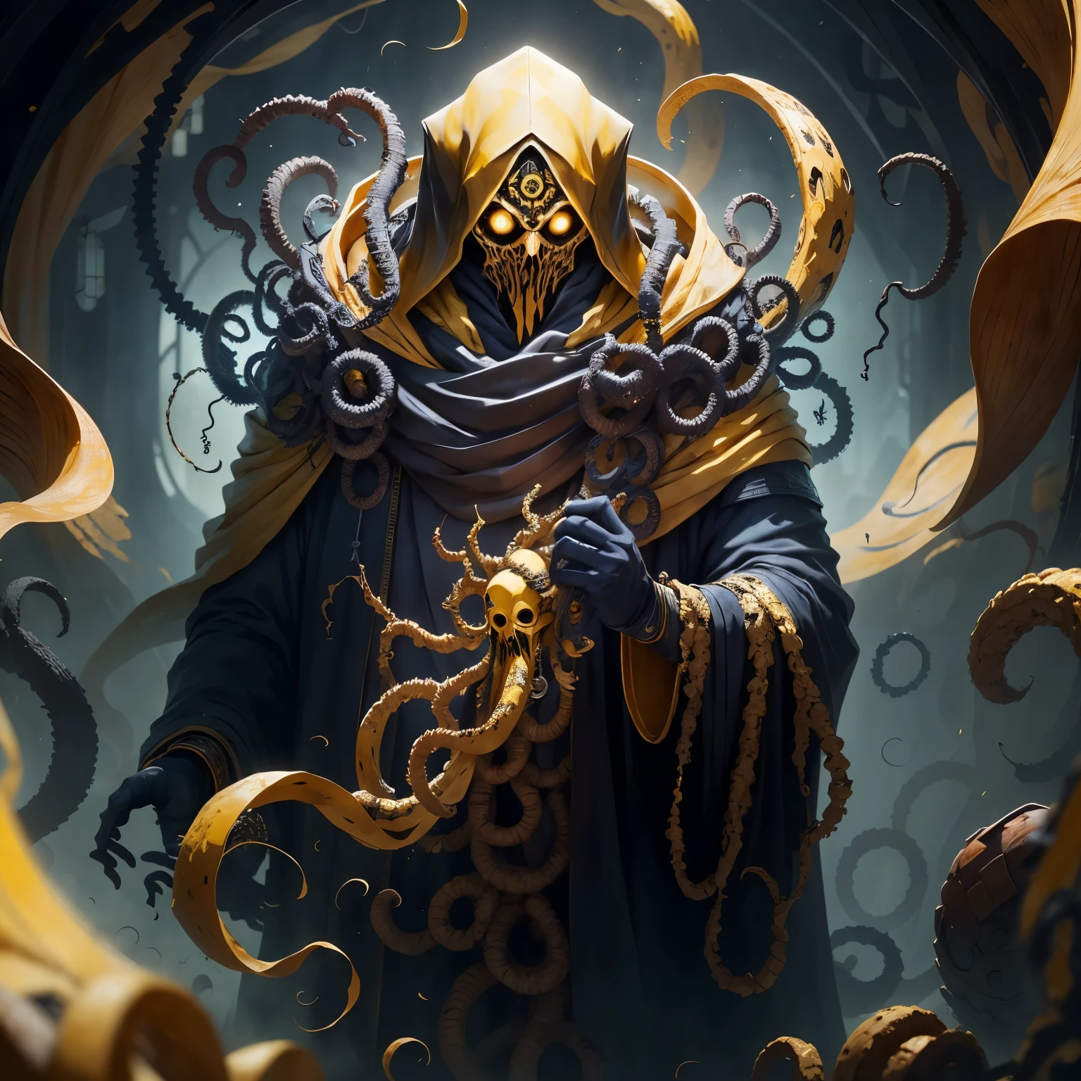 black cultist with yellow mask, Surrounded by yellow tentacles and mist