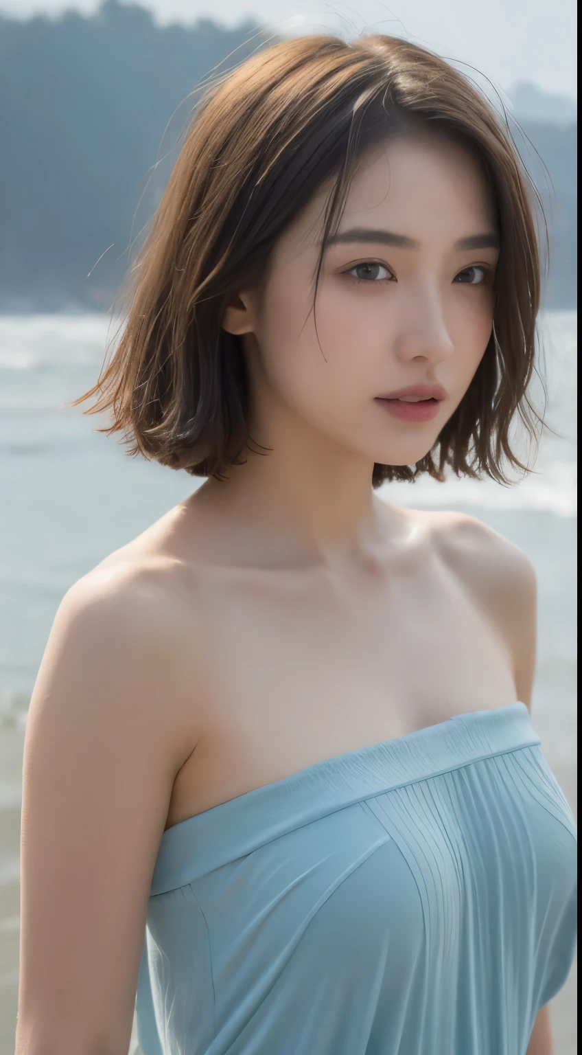 Top image quality、超A high resolution、​masterpiece、Photo quality(photo realistic:1.8)、pores、precision、blue-sky、white clouds、 Aegean, Santorini white houses、rooftop、bikini、wearing only very thin robes、go commando、pale light、infp young woman、japanes、short-hair、birth of venus、naked、Overflowing udder、Symbolism as a woman、、Detailed description、23years old、Cute、embarrassed smile、