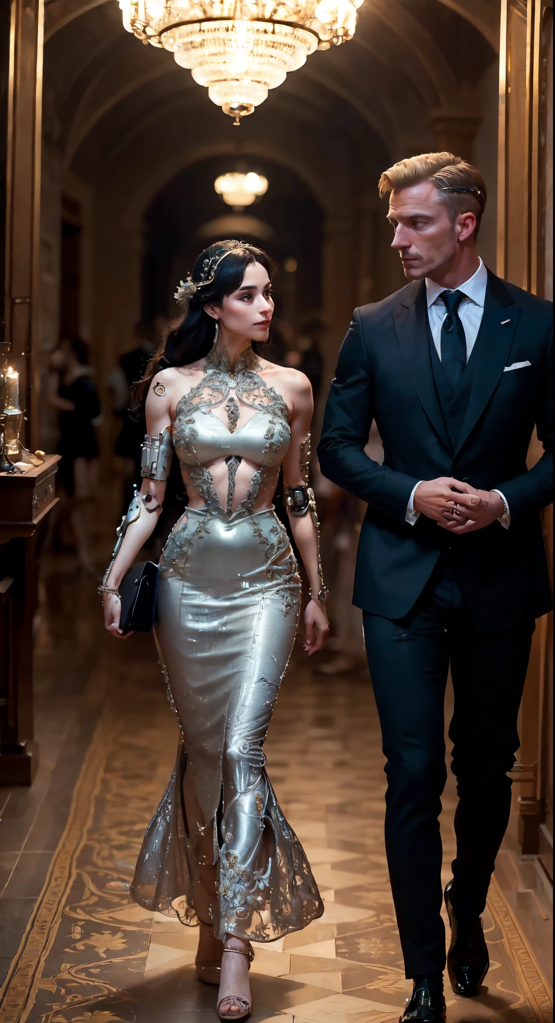 A charity event in an elite hall. Close-up, view slightly from above.
In the center of attention are elegant ladies in luxurious evening dresses, they are accompanied by respectable wealthy men in expensive suits. High hairstyles of ladies are decorated with shining accessories, creating a sense of festive atmosphere.
Among the guests one can notice several skillfully disguised cyborgs, whose mechanical parts are skillfully woven into their images, blending in with their surroundings. One of them, Alexander, lingers his gaze on a charming guest named Victoria, sensing something familiar about her.
A casual conversation ensues between Alexander and Victoria, in which their hidden past gradually reveals itself. Despite the elite setting, their interaction is filled with personal charm and hidden passion.
The overall atmosphere of the evening is festive and celebratory, filled with a sense of charity and the high status of the guests. However, the focus is on the secret relationship between two cyborgs whose bond goes beyond mere human interaction, best quality, high quality, absurdres, masterpiece, beautiful, intricate details, 1/2 body crop, slim body, beautiful figure, magnificent anatomy, (intricate details:1.12), HDR, (intricate details, hyper-detailing:1.15), (natural skin textures, hyper realisitc, soft light, Sharp:1.2)