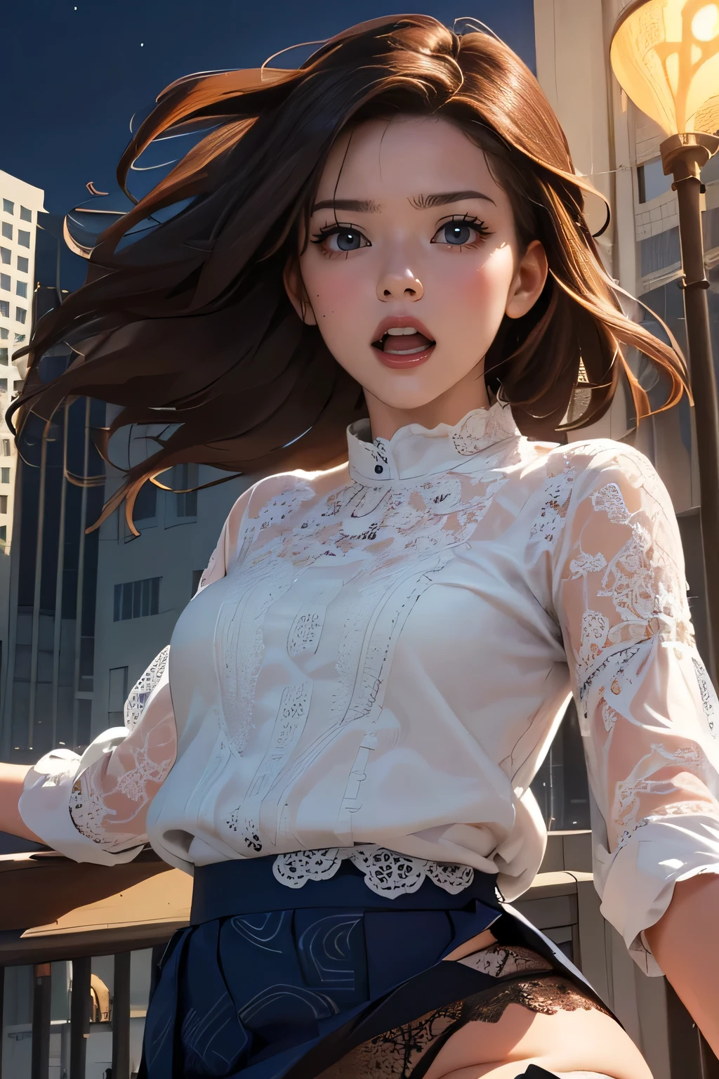 (clear, high-definition image, eyes realistic sizing, drooping eyes), (masturbating), (((intense orgasm face))), ((showing off her super detailed and high quality texture drawing luxurious lacy small panties with various patterned)), ((jumping casual blouse and skirt)), night downtown area, brown hair, ((eccentric posing)), skyscrapers,