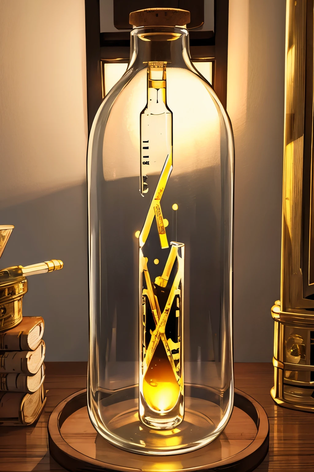 high quality, golden liquid, test tube, glass, cork stopper, Glowing liquid, night