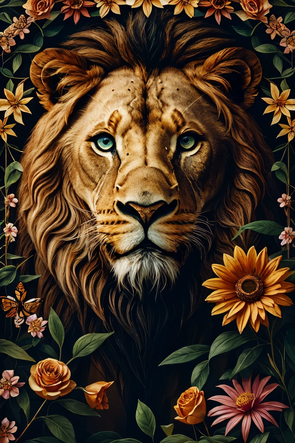 contemporary art collage, lion head,front，There are a variety of flowers, some smart insects, painted, super detailed, full color, bright colors, 8K, actual