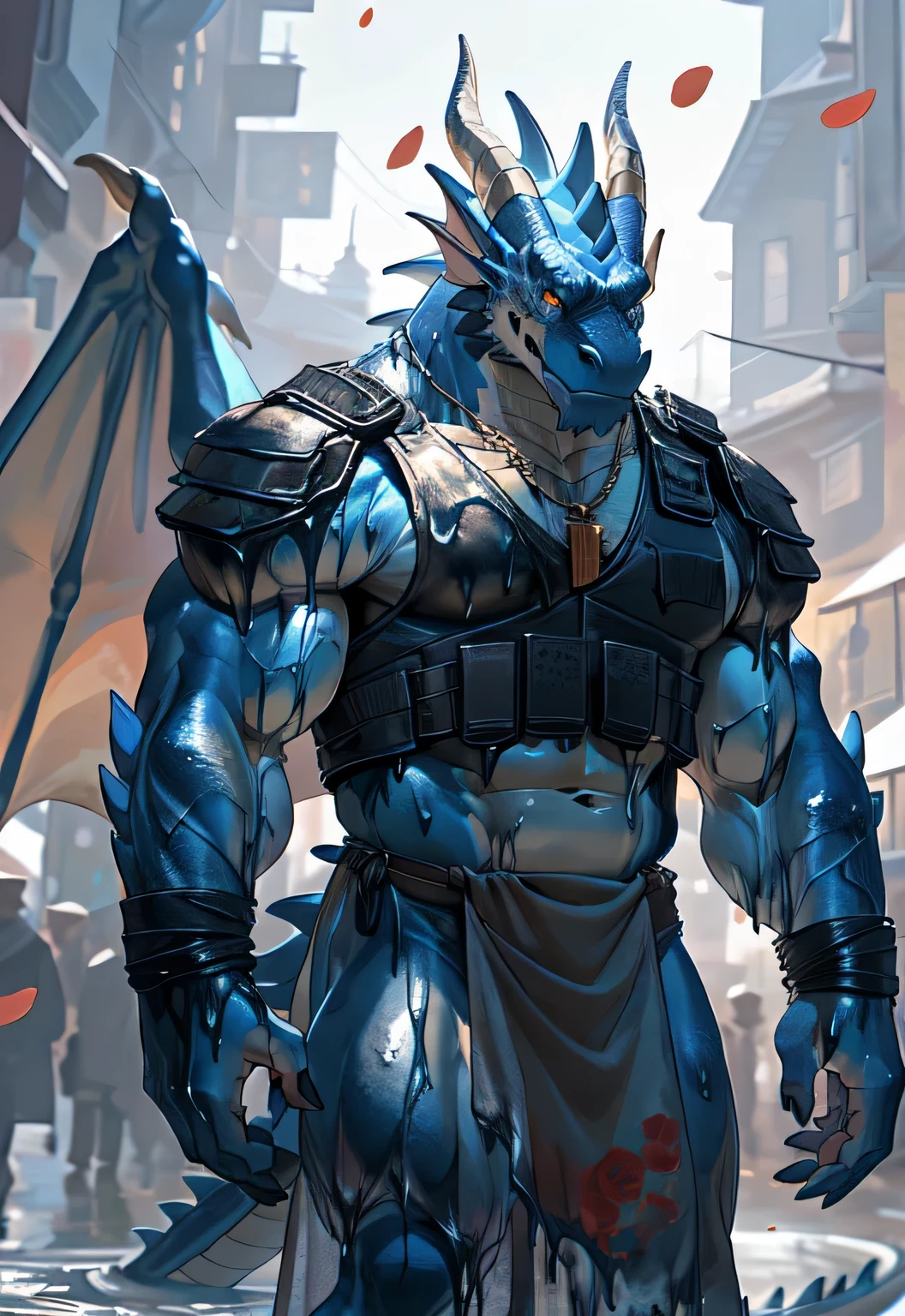 Uploaded to e621, (male human dragon), permanent, alone, muscle, Detailed scale texture, old castle, (battlefield), (tribal clothing, ((long loincloth))), (pauldron, Leg armor), (Blue body, white belly), (Chuni&#39;s art, (To Drakes), ((rajsha)), (kantanagamoli)), , looking happy, [Simple background], detailed, masterpiece art, edge lighting, Single light source, sharp shadows, alone portrait, (digital level), (Kanno), by Issa Garmash, Greg Rutkoski, Pino Deheni, ruan jia, (light particles), Rose petal, 2 wings, trumpet(golden eyes),black fur, two colors, Scars on the face, With sunglasses on his head,Necklace hanging around the neck,(muscular body:1.3), There is a scar on the face, Handsome, OK,(Scars on the face), on the street,(Express),(city background),(There is a scar on the face:1.2),look at screen,(dragon horn),(Dragon tail),perfect masterpiece,(16K),Full body clothing,alone,((Strong)),,(double hand cross),(dick:1.2),Perfect proportion,double hand cross,(double hand cross:1.5),(hand:1.3),(fierce expression.:1.2),(Vision:1.5),(clothes soaked with 全身:1.8),Strong,muscle,with dragon wings,bi-winged,more details,CG,(dragon), torso,((Holding a gun in hand)), (Bulletproof vest)),serious expression
