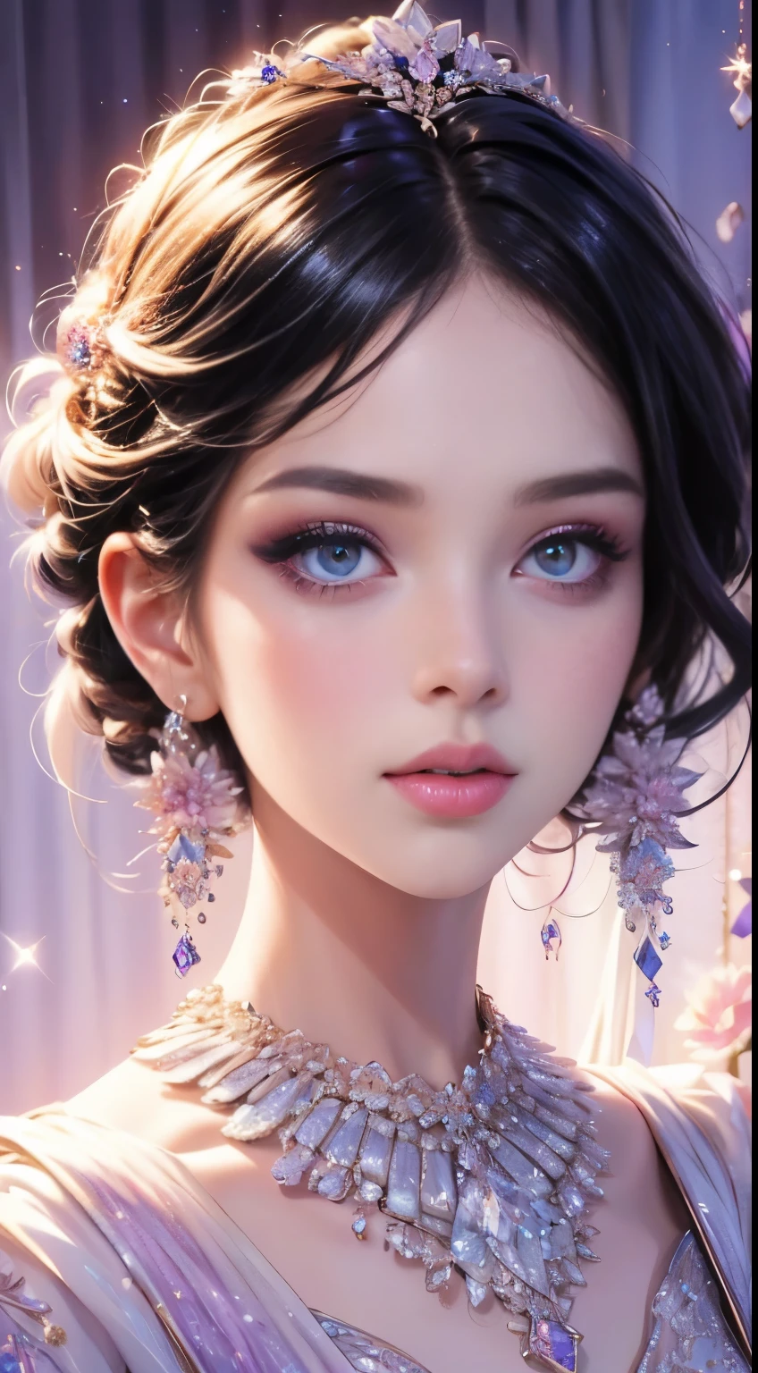 (best quality, high resolution, masterpiece:1.2), beautiful noble girl dynamic half-length portrait, elegant black hair elegantly coiled up, clear purple eyes, exquisite floral arrangement on the hair, crystalline jewelry strands, ultra-detailed, upgraded.