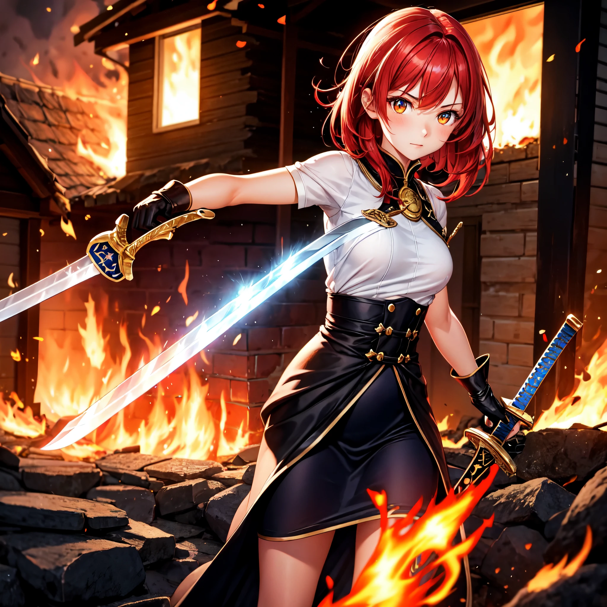 1 girl, Red hair, flaming eyes, sword, holding sword, flame, burning house, luminescent, side light, no clothes