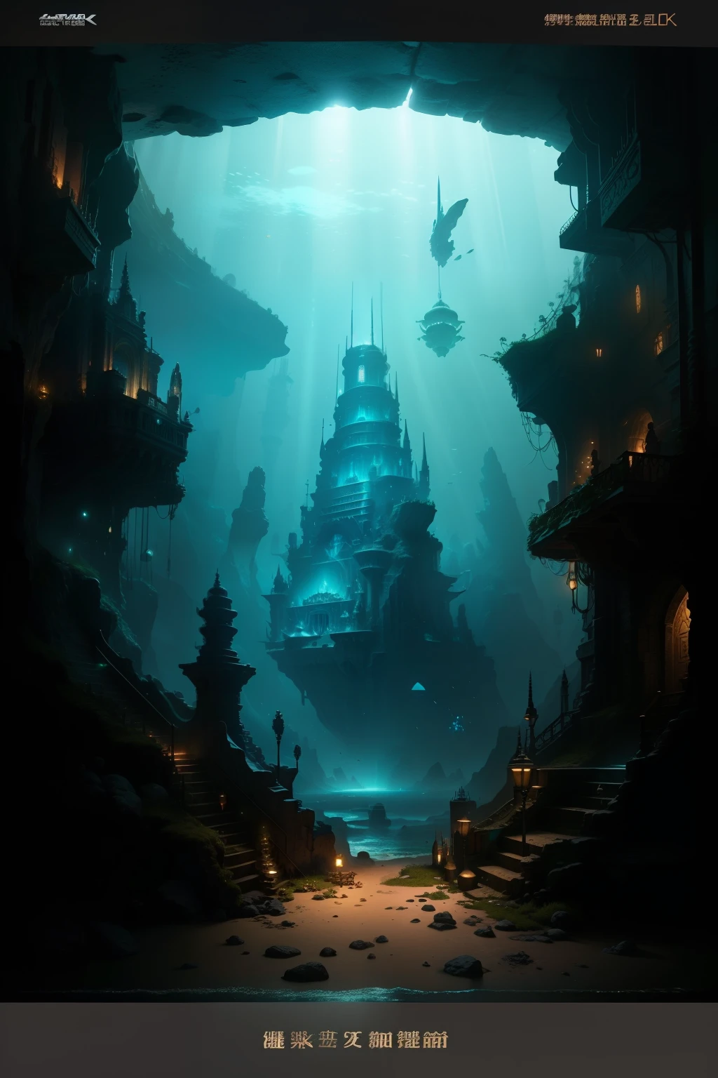 (best quality,4k,8k,highres,masterpiece:1.2),ultra-detailed,(realistic,photorealistic,photo-realistic:1.37),cavern,cave underwater,underwater temple,underwater city,futuristic underwater metropolis,submerged temple,temple submerged scene,the lost city of Atlantis,sci-fi fantasy wallpaper,cyberpunk cathedral,mysterious sci-fi concept art,underwater crystal cave,lost city of Atlantis,deep-sea cyberpunk