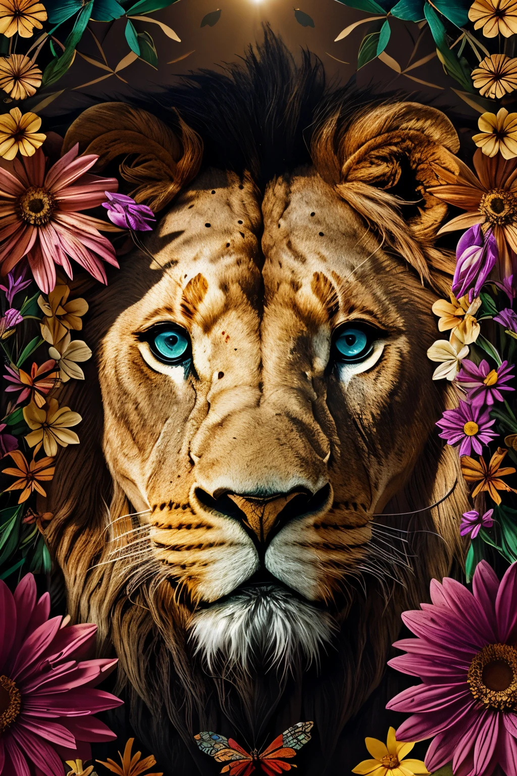 contemporary art collage, lion head,Colorful flowers, some smart insects, painted, super detailed, full color, bright colors, 8K, actual