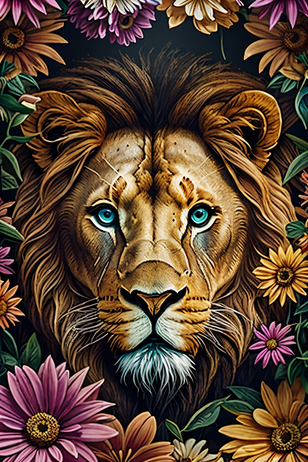 contemporary art collage, lion head,Colorful flowers, some smart insects, painted, super detailed, full color, bright colors, 8K, actual