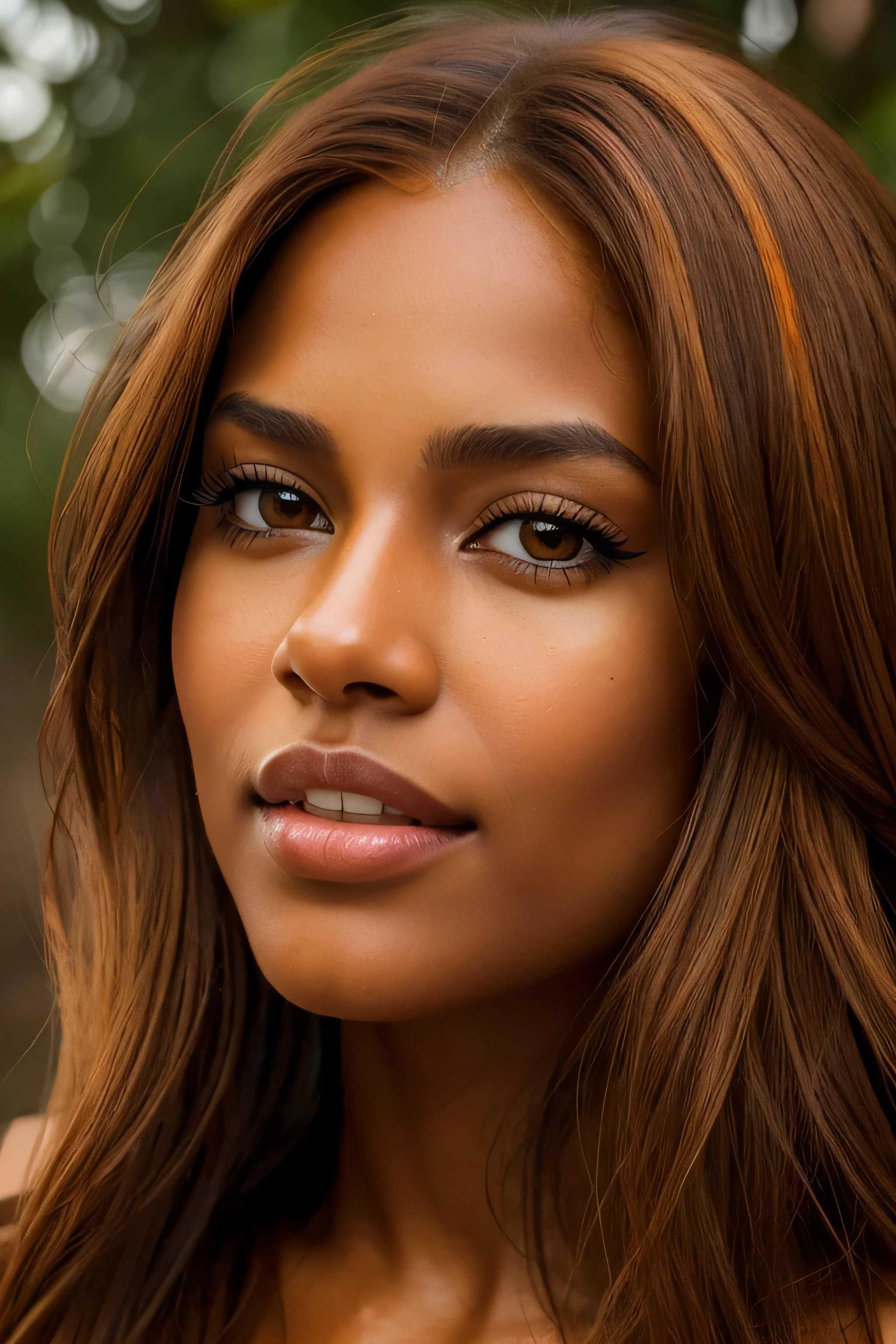 best quality, ultra high res, (photorealistic:1.4), masterpiece, 1 naked girl, brown skin color, brown_eyes, fur_trim, hair_over_one_eye, lips, long orange hair, make up, looking_at_viewer, photorealistic, realistic, solo, teeth, upper_body
