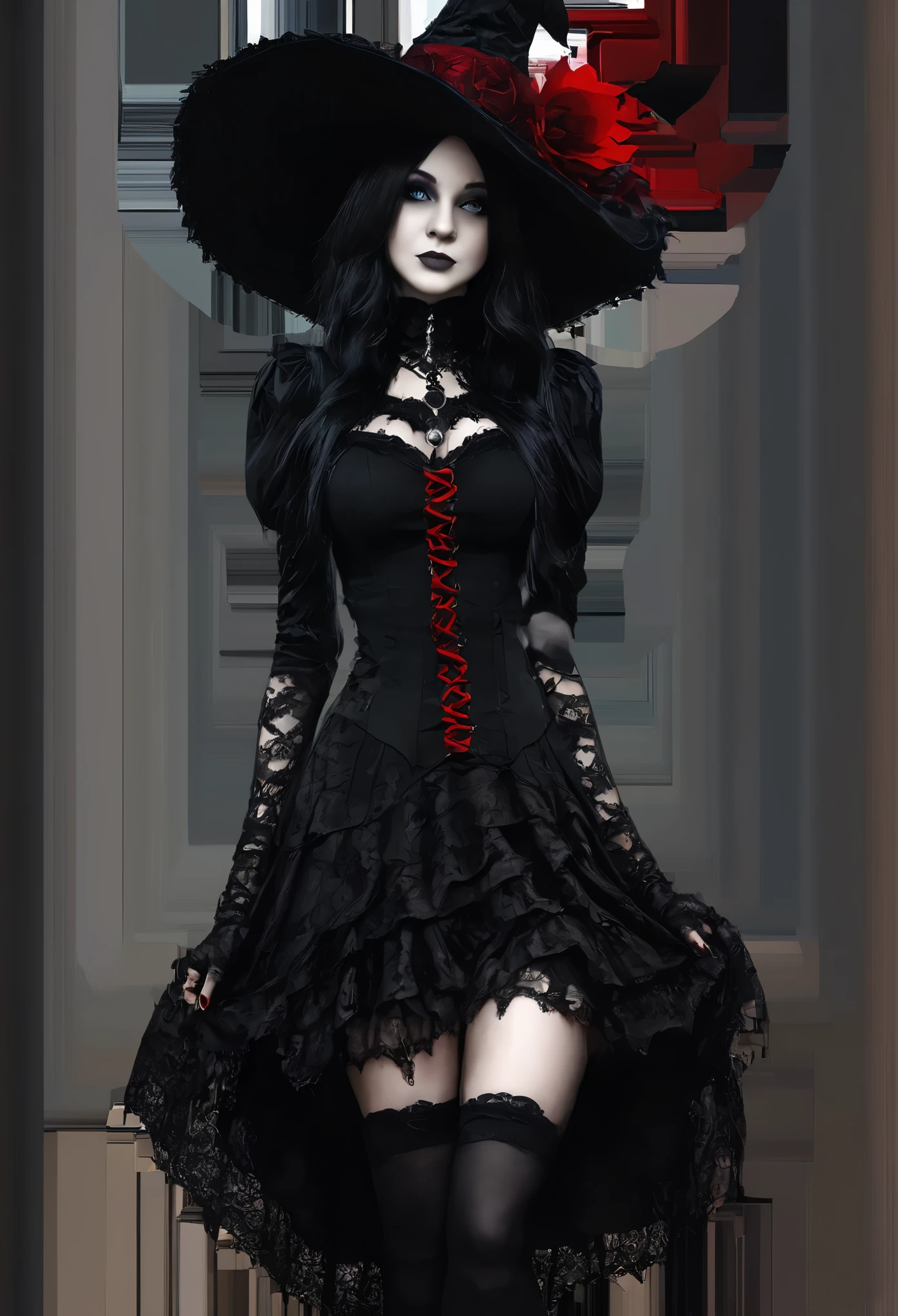 (masterpiece, best quality:1.2), 1girl, solo, Shana in a black dress, short skirt, black lace top, very sexy, hat with a red hat, a photo inspired by Chica Macnab, tumblr, gothic art, gothic outfit, fashionable dark witch, witchcore clothes, gothic!!, goth chic, fantasy outfit, gothic girl, gothic regal, imvu, gothic maiden, in a halloween style, gothic regal and tattered black, gothic dress, short skirt, black lace top, very sexy