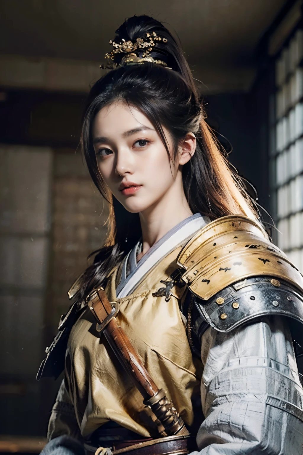 (8K, highest quality, masterpiece:1.2), (realistic:1.4), Raw photo, highest quality, ultra high resolution, best shadow, (full body:1), historical heroine, Japanese armor, samurai sword, large scale amazing environment, horror, dark horror, highly detailed facial features, beautiful and perfect face, perfect eyes