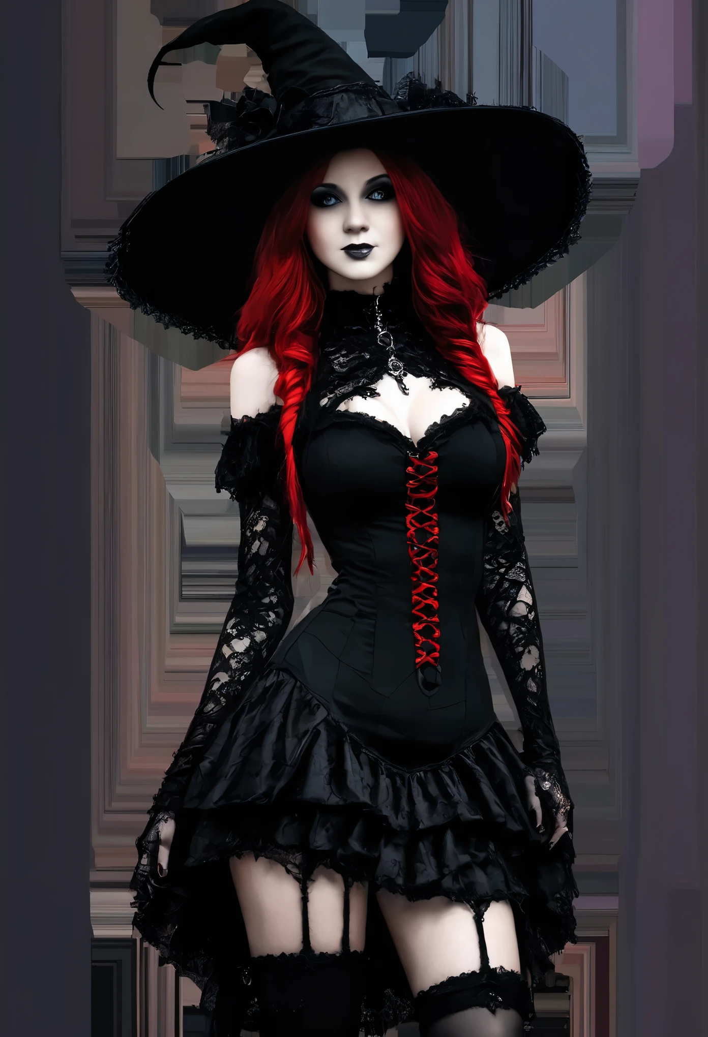 (masterpiece, best quality:1.2), 1girl, solo, Shana in a black dress, short skirt, black lace top, very sexy, hat with a red hat, a photo inspired by Chica Macnab, tumblr, gothic art, gothic outfit, fashionable dark witch, witchcore clothes, gothic!!, goth chic, fantasy outfit, gothic girl, gothic regal, imvu, gothic maiden, in a halloween style, gothic regal and tattered black, gothic dress, short skirt, black lace top, very sexy