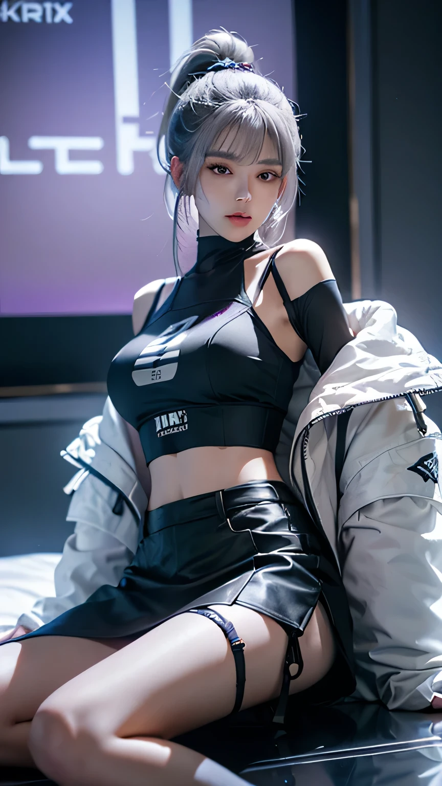 masterpiece,best quality,High resolution,8K，Focus on thighs and above,original photo,(sci-fi style women),20 year old girl,Long ponytail hairstyle,through bangs,(purple eyes),(white hair),plump breasts,felling,Elegant and noble,Serious and indifferent,open white coat,Black camisole bra,rich details​,shut your mouth,miniskirt，intricate ornaments,Cyberpunk futuristic style,(female scholar),random background,oc render reflection texture，Model style，Random poses，Random shooting angle，side angle，low angle shot，bird&#39;s eye view，