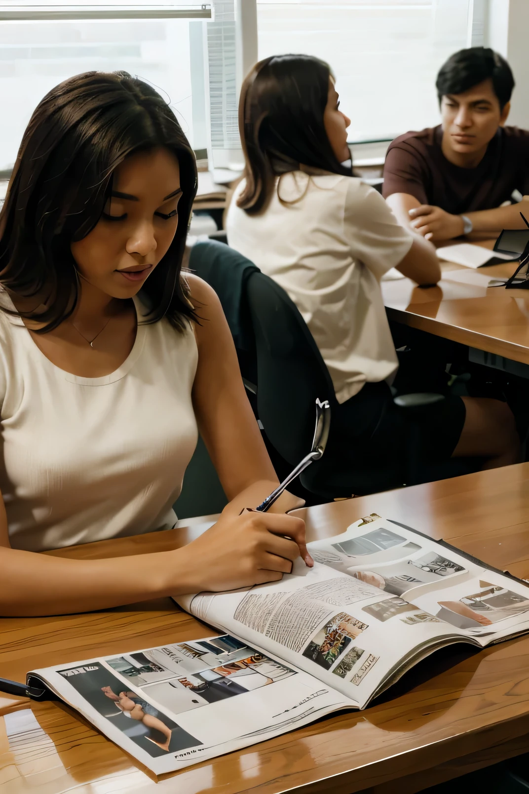 Newspaper left on a desk, in an office, with people talking together far in the background, landscape format