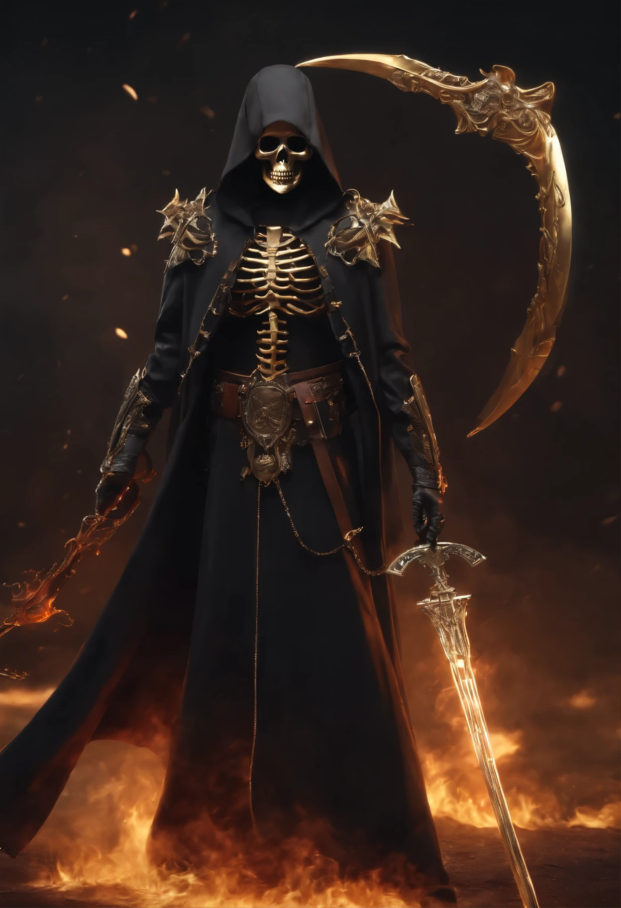 (masterpiece), (highest quality), 1 girl, (grim Reaper),(呼吸するfire:1.5), stare, Are standing, view audience, Cloak that covers the whole body, (Robe with skeleton decoration), (A gold skull pendant hangs from his waist.), (Equipped with death scythe:1.2), Golden skeleton shining in transparent gold, Skull Boots, nipple tassel, fire,Phoenix