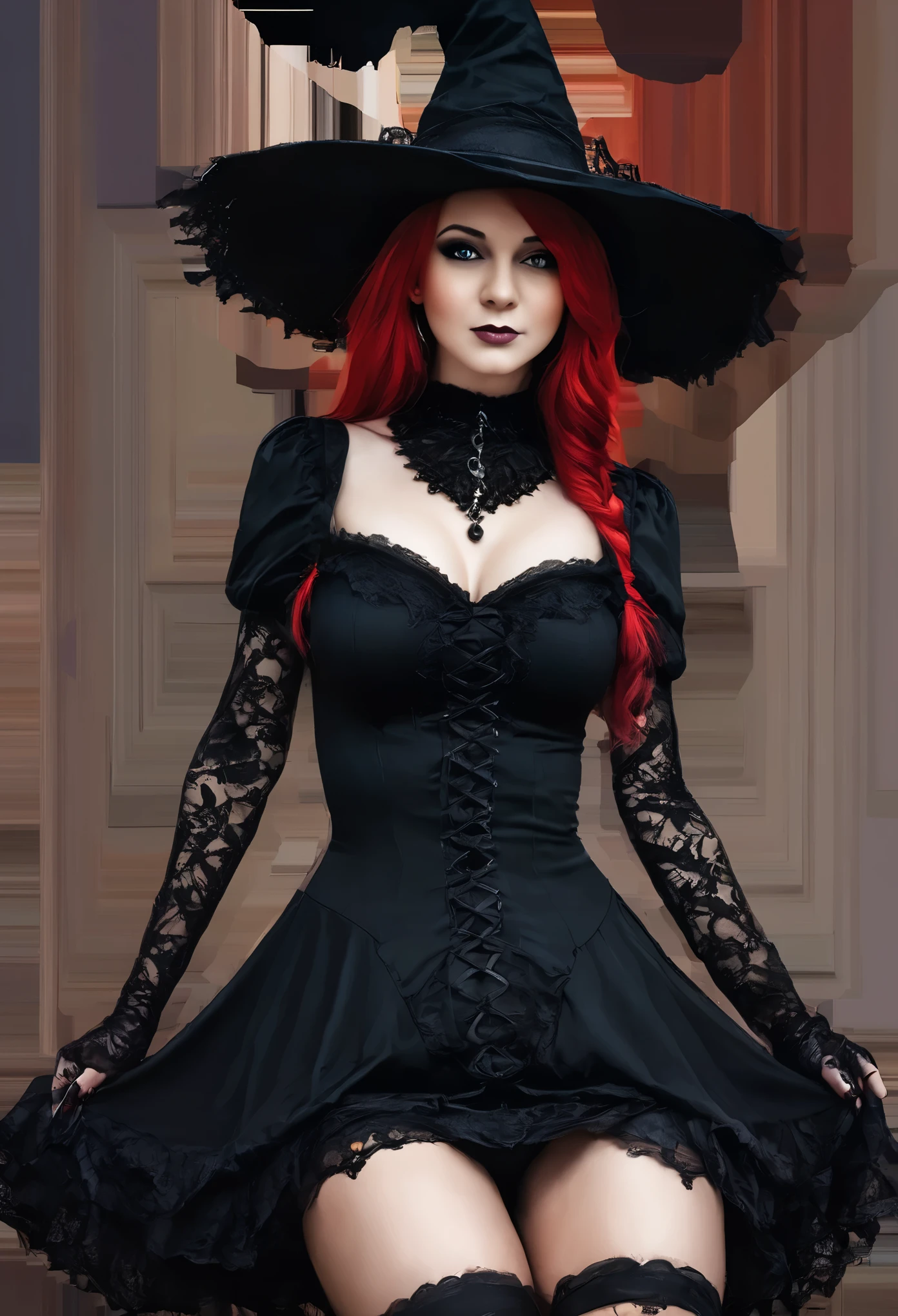 (masterpiece, best quality:1.2), 1girl, solo, Shana in a black dress, short skirt, black lace top, very sexy, hat with a red hat, a photo inspired by Chica Macnab, tumblr, gothic art, gothic outfit, fashionable dark witch, witchcore clothes, gothic!!, goth chic, fantasy outfit, gothic girl, gothic regal, imvu, gothic maiden, in a halloween style, gothic regal and tattered black, gothic dress, short skirt, black lace top, very sexy
