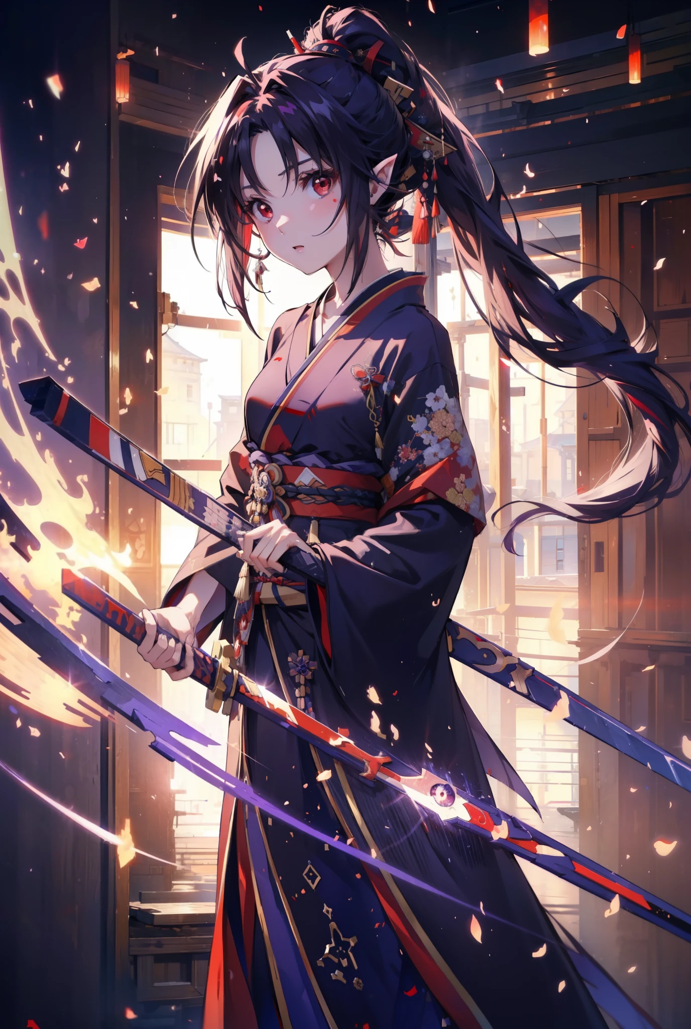 yuukikonno, Yuki Konno, hair band, long hair, pointy ears,ponytail, purple hair, (red eyes:1.5), (small breasts:1.2), open your mouth,purple kimono,red hakama,boots,Japan sword 1:1 Hold the grip in your hand,
break looking at viewer, Upper body, whole body,
break outdoors, medieval europe cityscape,
break (masterpiece:1.2), highest quality, High resolution, unity 8k wallpaper, (shape:0.8), (thin and beautiful eyes:1.6), highly detailed face, perfect lighting, Very detailed CG, (perfect hands, perfect anatomy),