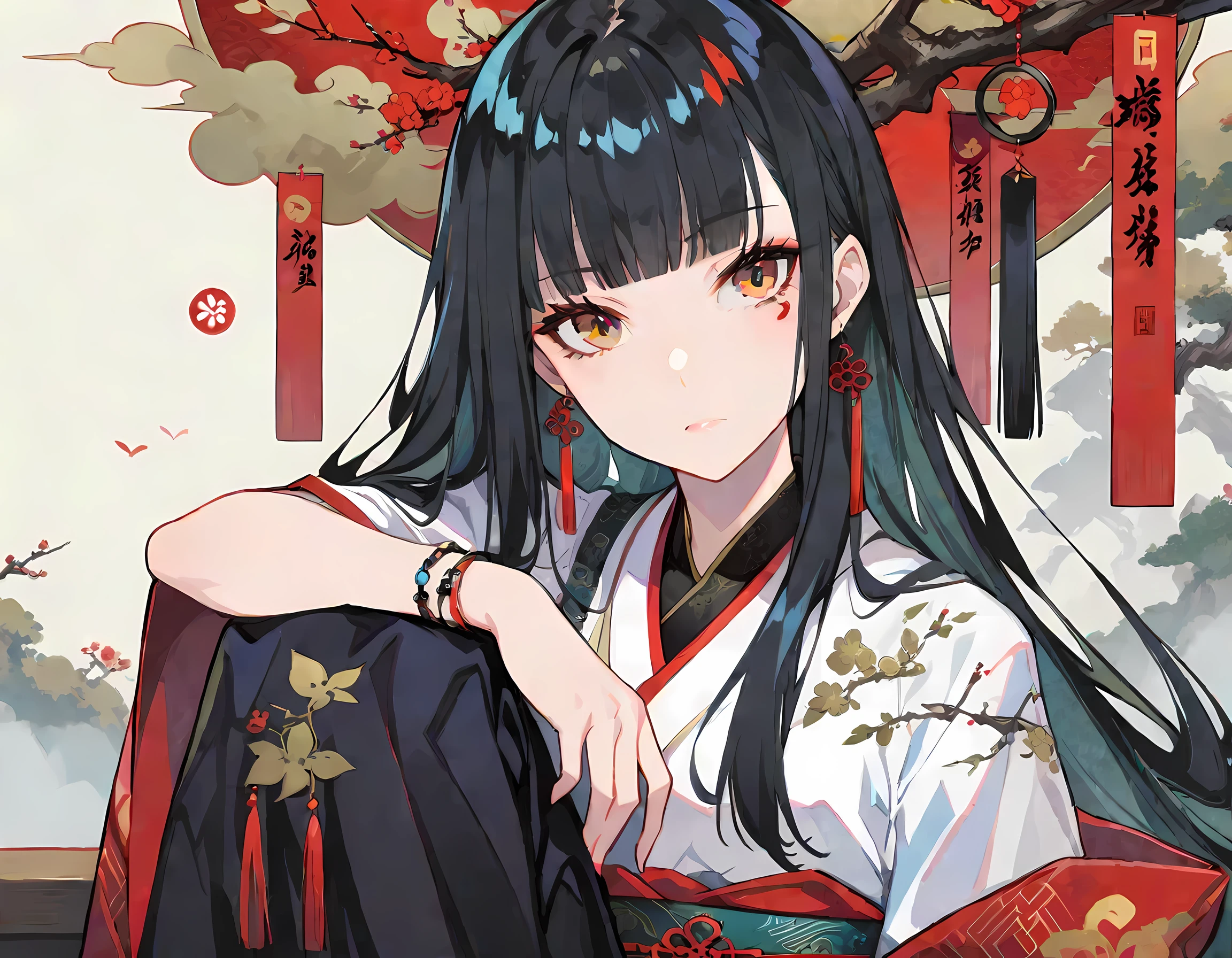 black hair, 1 girl, pretty face, beautiful eyes,long_hair, alone, jewelry, Art, Chinese, rest,