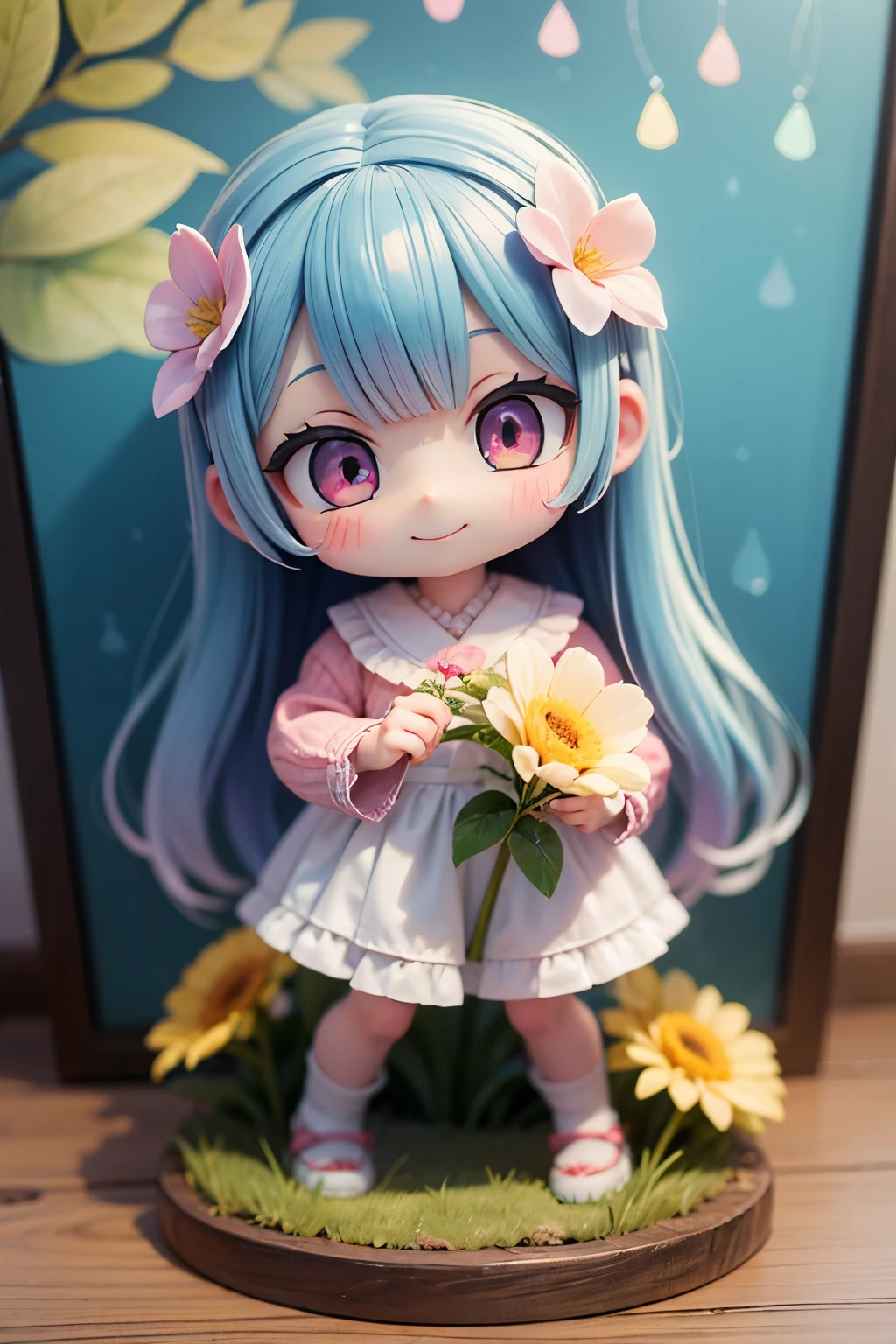 photoRealstic、Doll standing in front of the painting(nendroid)、A smile、Water droplets on the cheeks、In a cute pose、watercolor Nendoroid、(High Definition Figure)、Flowing iridescent silk、up of face、Eye Up、Colorcon with heart pattern、Floral dresaking a heart with both hands、There are also flowers in front of the nendroids、flower petals、season!!: summer☀ 🍂