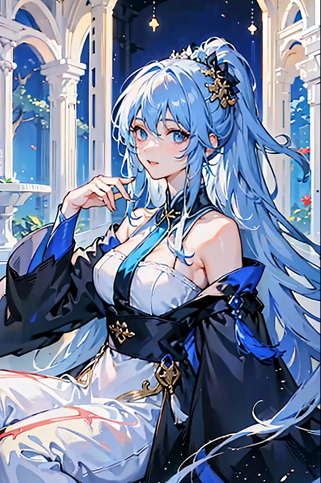 (best quality, High resolution, masterpiece:1.2), 1 female，adult women，Big breasts，perfect face, (gentle smile), exquisite eyes, elegant,(blue eyes), Chinese style dress, flowers, ((long white hair)), looking at the audience，((close up))，Chinese style architecture，palace，Exquisite hair accessories and clothing details，No exposure of breasts，Exquisite Chinese style necklace pendant，dark night，moon，starry sky