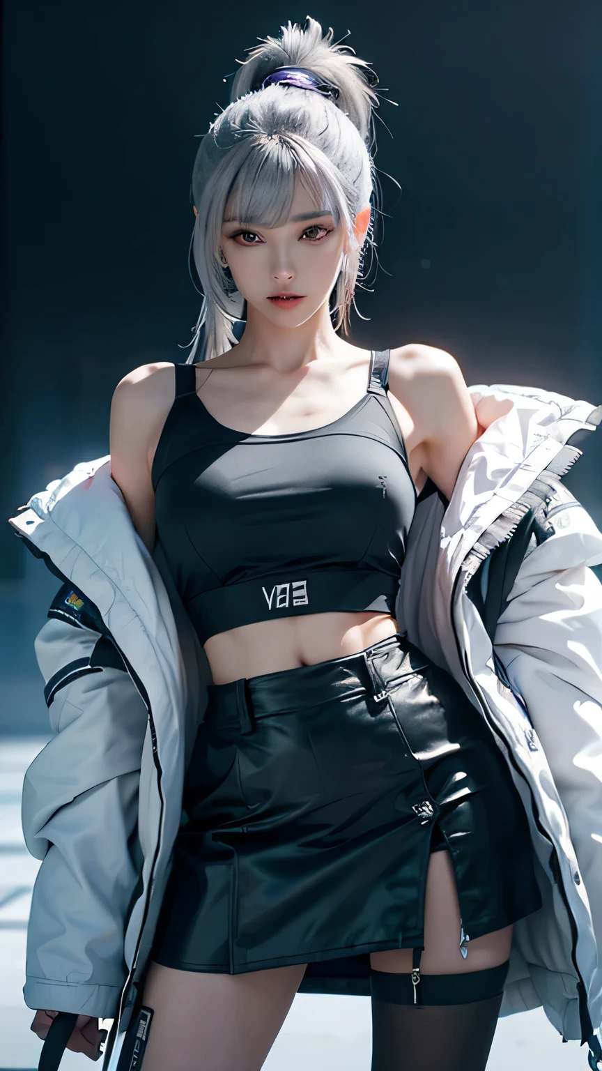masterpiece,best quality,High resolution,8K,Focus on thighs and above,original photo,(sci-fi style women),20 year old girl,Long ponytail hairstyle,through bangs,(purple eyes),(white hair),plump breasts,felling,Elegant and noble,Serious and indifferent,open white coat,Black camisole bra,rich details,shut your mouth,miniskirt,intricate ornaments,Cyberpunk futuristic style,(female scholar),random background,oc render reflection texture,Model style,Random poses,Random shooting angle,side angle,low angle shot,bird's eye view,