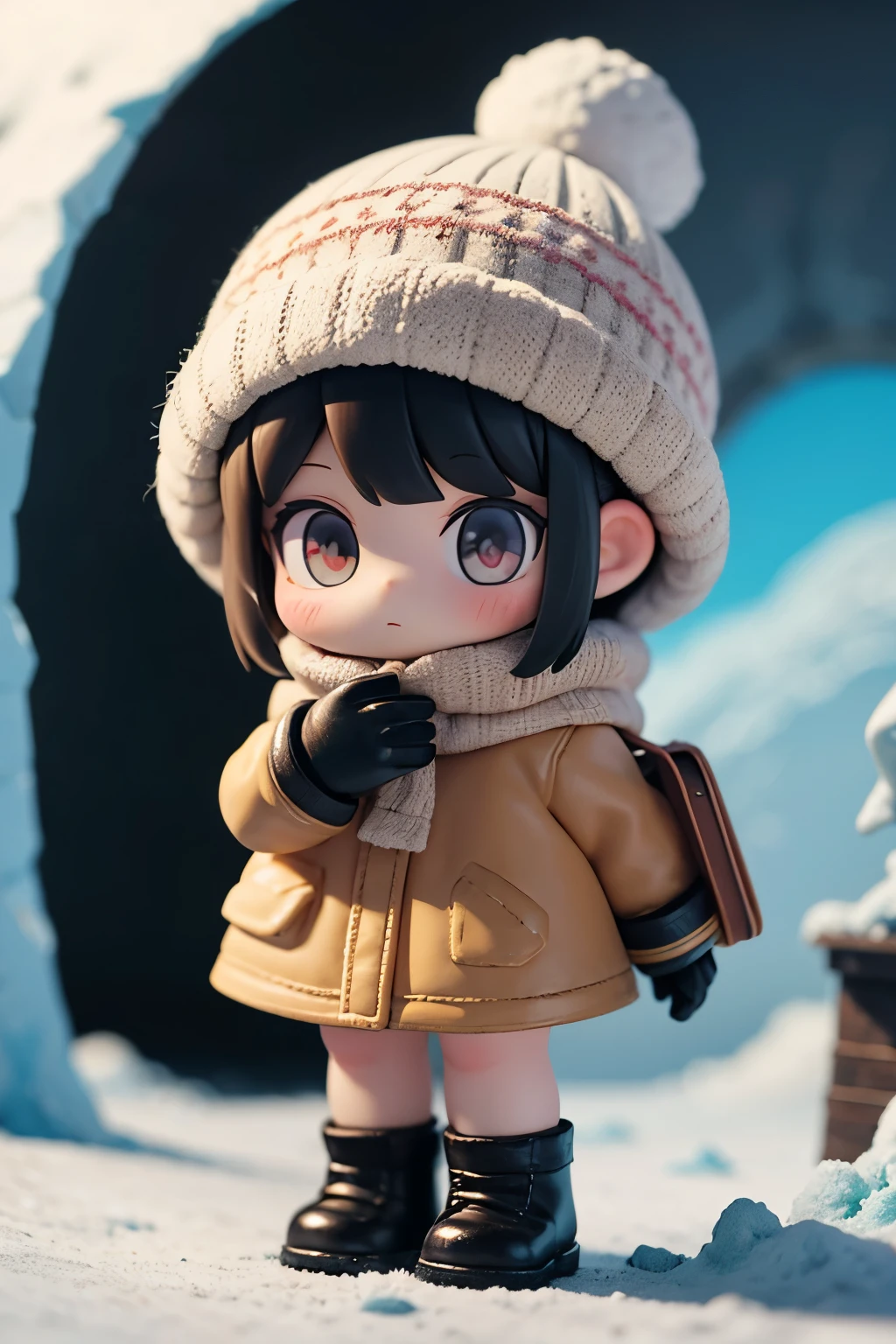 The following scenes will be expressed using chibi girl dolls.(Photoreal、A takes a commemorative photo in the cave of Vatnajökull Glacier、cute winter clothes、knitted hat、woolen gloves、Right hand up)