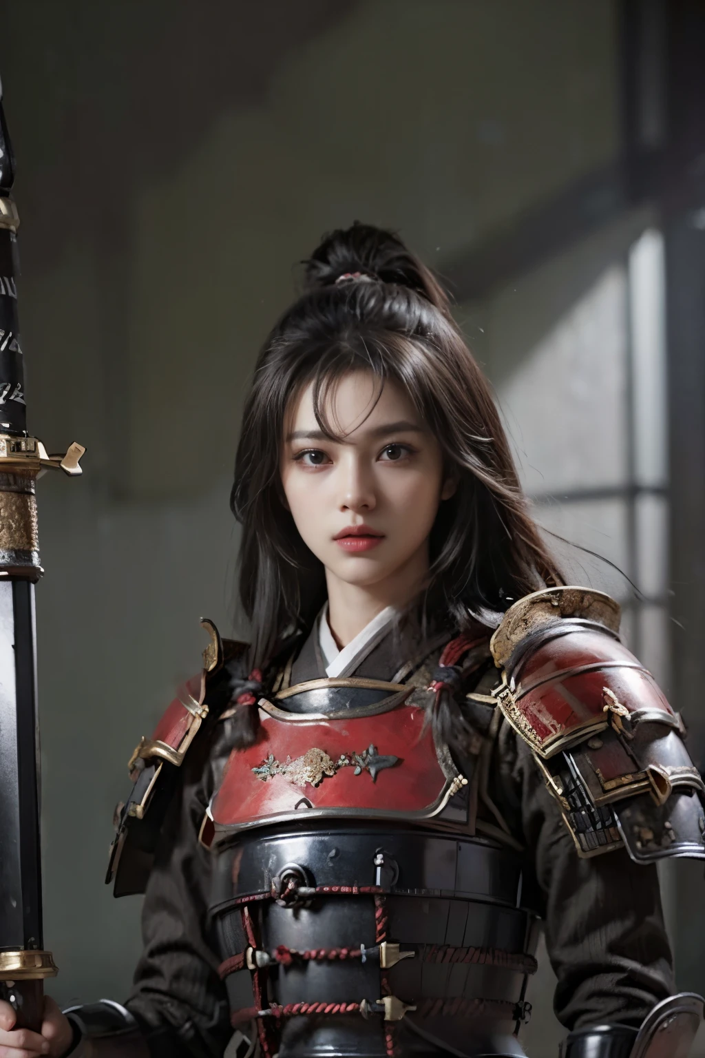 (8K, highest quality, masterpiece:1.2), (realistic:1.4), Raw photo, highest quality, ultra high resolution, best shadow, (full body:1), historical heroine, Japanese armor, samurai sword, large scale amazing environment, horror, dark horror, highly detailed facial features, beautiful and perfect face, perfect eyes