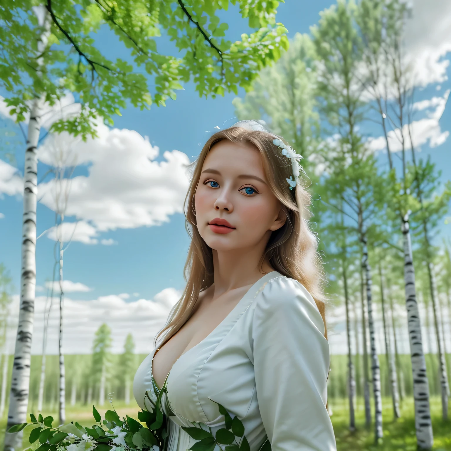 Russian beauty in national dress, in a birch grove under green foliage, against the backdrop of a blue sky with white clouds, everything is photorealistic, create an atmosphere of lightness and beauty. 