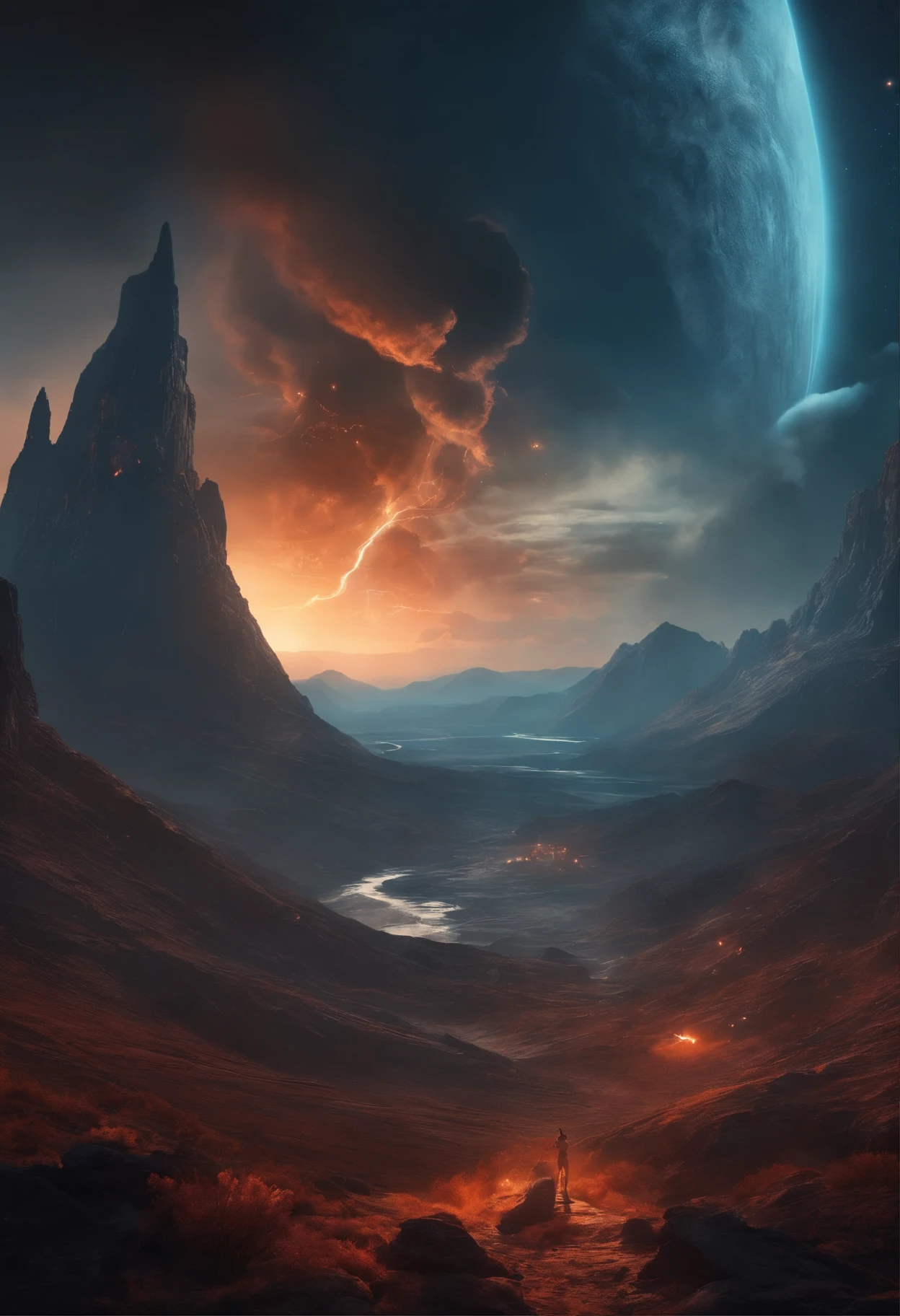 (masterpiece), (best quality), 8k, high detailed, ultra-detailed, (rising smoke), intertwining shadows, ((beautiful scene)), futuristic landscape of a land troubled by war (rising smoke) in a dystopian future with alien animals (In the foreground), rivers of lava, and a night sky filled with stars, planets, and constellations."