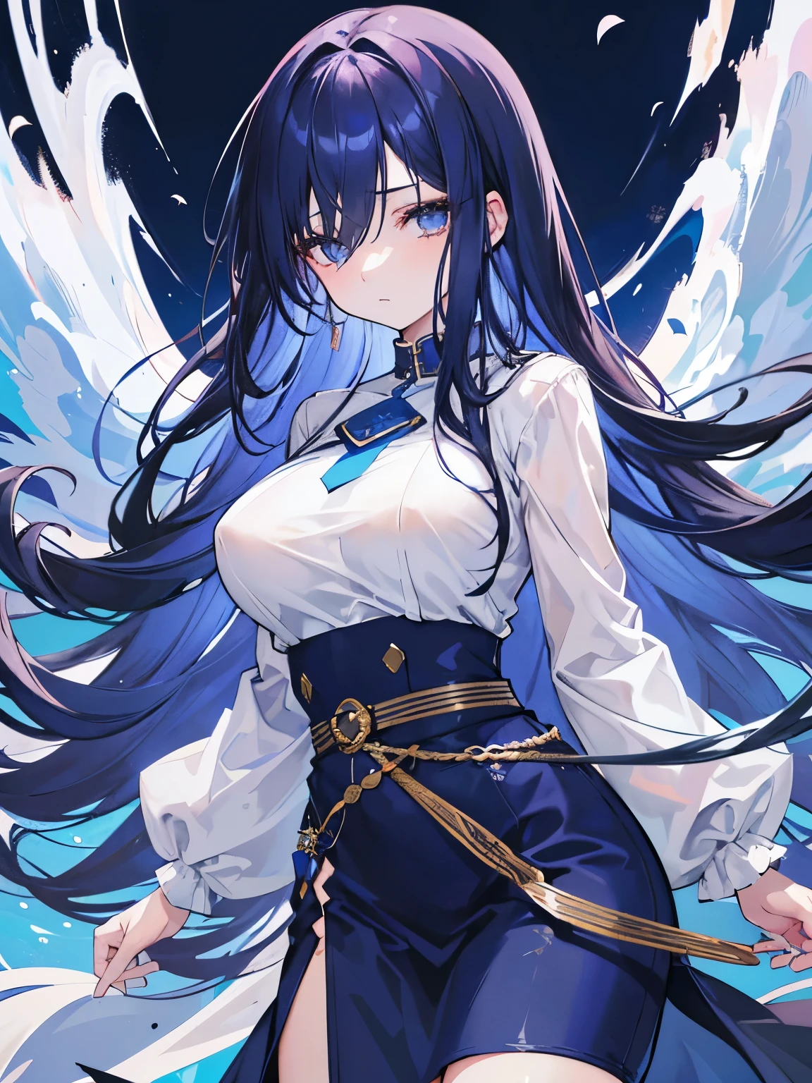 Young beautiful girl , Hair color that is a mixture of indigo and blue , Long hair down to the waist , well-groomed head , Hair completely covering one eye , dismal , Clothes that are large compared to the body , dark colored clothes , Feeling droopy , , Knit without exposure, white background , 아주 Young beautiful girl , ,