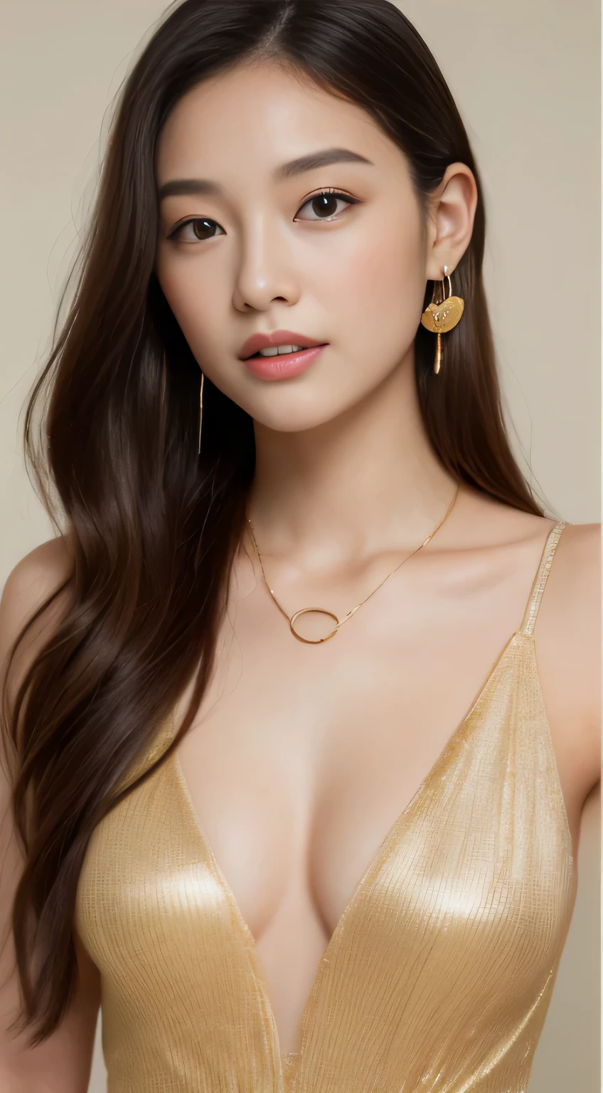 ((Realistic light、top-quality、8K、masterpiece:1.3))、1girl in、small moles under eyes、A smile、A small mole on the chest、Beautiful woman with slender body shape:1.4、pale-skinned、(Floating wavy silk brown hair、small tits:1)、(the presence of small cleavage on the chest)、sleeveless long dress:1.2、 is standing、Luxury hotel lobby、Gold necklace、A bracelet、earrings、hyperdetailed face、A detailed eye、double eyelid、、Very small breasts、Slimed、A slender、Model body type、21-year-old Japan woman、Brown middle hair