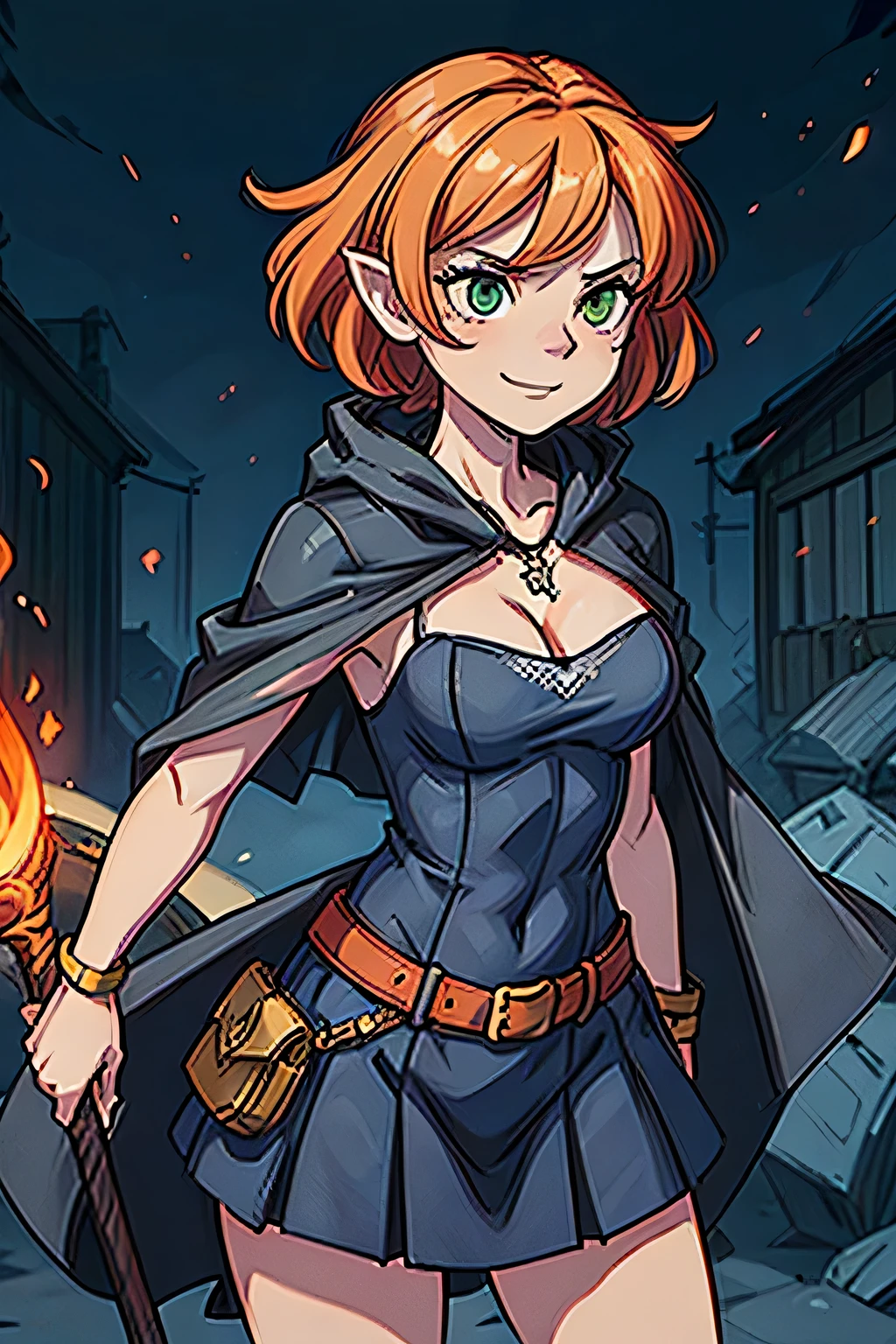 (((masterpiece))), (((best quality))), illustration, single character, game character, rpg character, female character, female necromancer, dark blue dress with golden details, leather bracers. huge cleavage. small breasts. gemmed necklace. side butt. wide hips. up turned hips. Side hips exposed. wavy short hair. orange short hair, slightly pointy ears, yellowgreen eyes, evil face, smile. attittude woman. open hooded black cloak. orange hair. aggressive posing. energy in hand. dungeon background, flat color background, anime character, 8k, awesome quality