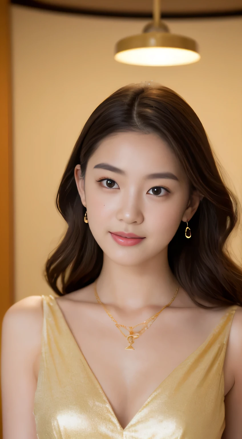 ((Realistic light、top-quality、8K、masterpiece:1.3))、1girl in、small moles under eyes、A smile、A small mole on the chest、Beautiful woman with slender body shape:1.4、pale-skinned、(Floating wavy silk brown hair、small tits:1)、(the presence of small cleavage on the chest)、sleeveless long dress:1.2、 is standing、Luxury hotel lobby、Gold necklace、A bracelet、earrings、hyperdetailed face、A detailed eye、double eyelid、、Very small breasts、Slimed、A slender、Model body type、21-year-old Japan woman、Brown middle hair