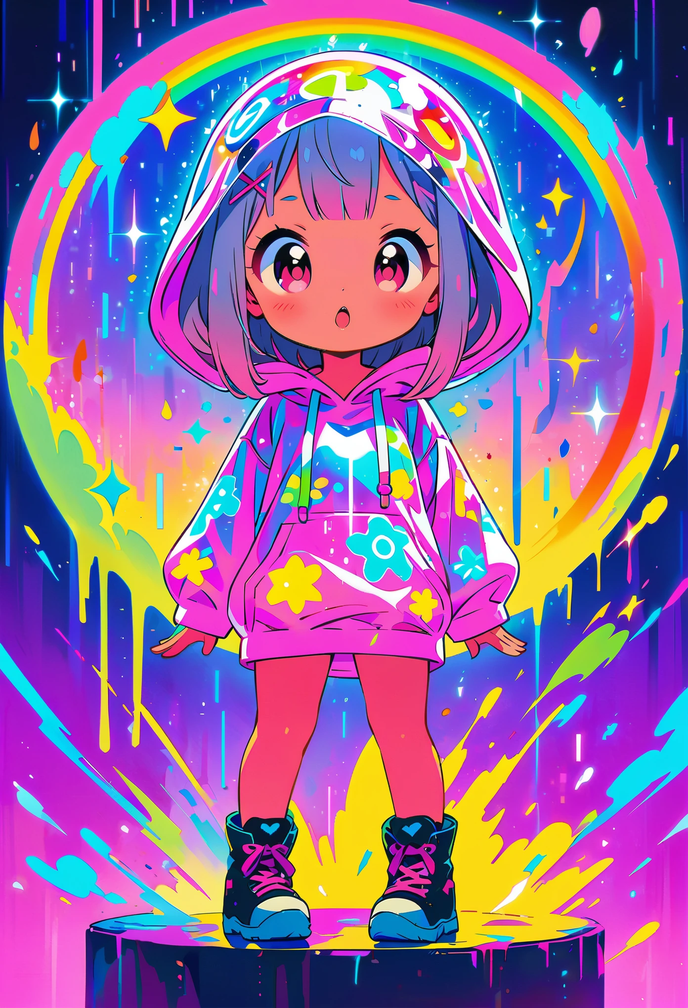 （Super cute Q version baby girl Rem standing in the rain in a clear plastic hoodie：1.4）, Rainbow color illustration, magically glowing, Shiny and colorful, hologram, By Yumi, anime art wallpaper 8k, Gurwitz-style artwork, Anime Art Wallpaper 4k, anime art wallpaper 4k, Beautiful anime artwork, digital animation art, Gurwitz，（Full body female love：1.5）