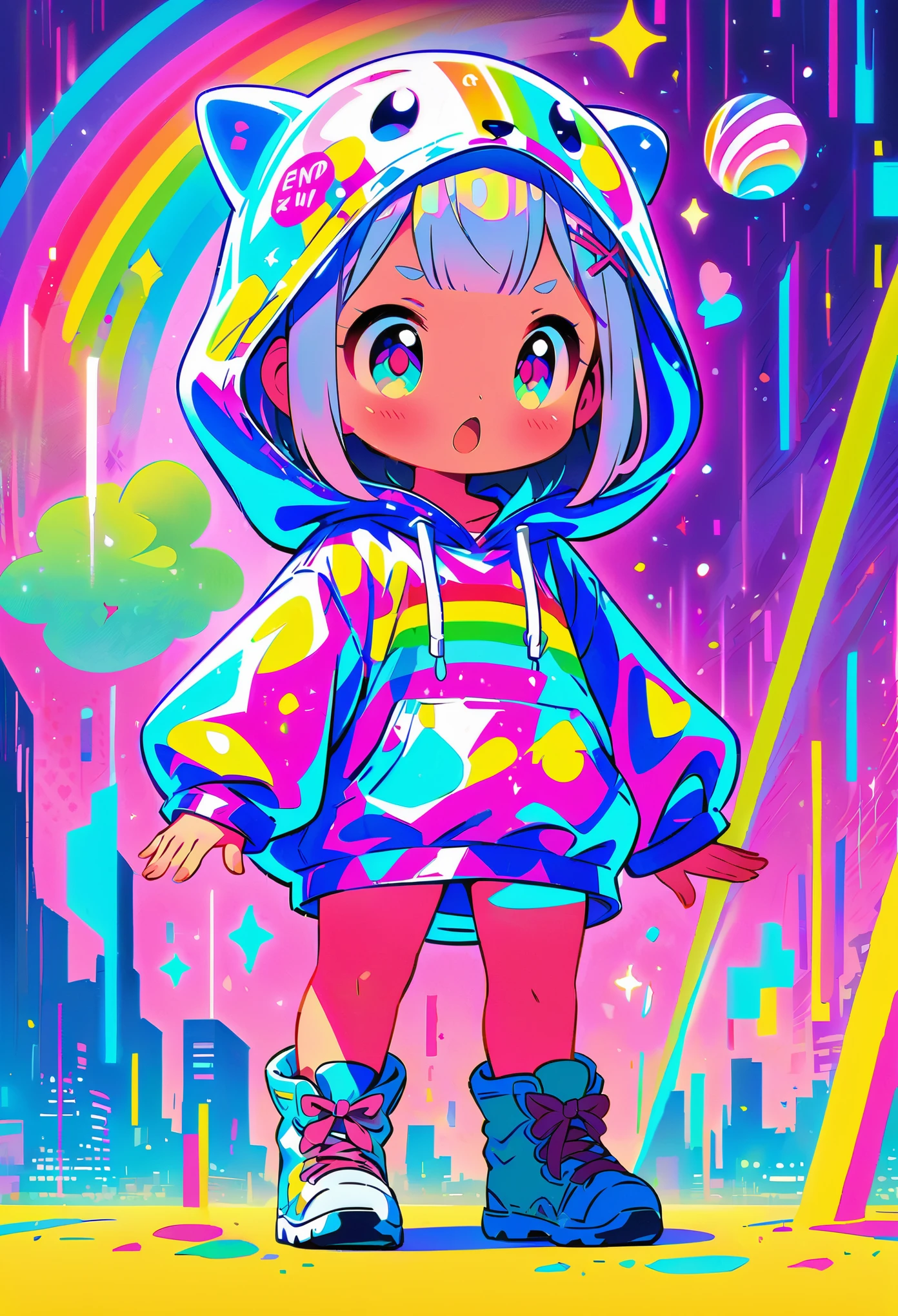 (Super cute Q version baby girl Rem standing in the rain in a clear plastic hoodie:1.4), Rainbow color illustration, magically glowing, Shiny and colorful, hologram, By Yumi, anime art wallpaper 8k, Gurwitz-style artwork, Anime Art Wallpaper 4k, anime art wallpaper 4k, Beautiful anime artwork, digital animation art, Gurwitz,(Full body female love:1.5)