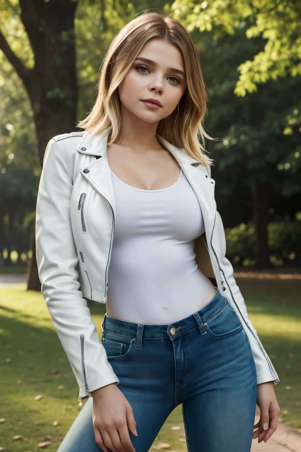 a gorgeous woman (Chloe Grace Moretz), beautiful woman, skinny, (Masterpiece, best quality, photorealistic, highres, professional photography:1.4), (open short white leather jacket:1.25), (short tight white tank top:1.1), (blue jeans:1.2), (stiletto heels:1.3), perfect hands and fingers, realistic skin, perfect body shape, large breasts, cleavage, (stylish hairstyle, extremely detailed hair), delicate sexy face, detailed face, playful gaze, sexy smile, glossy lips, background posing in Melbourne, in park, green trees, beautiful flowers, sunny day, cinematic light, fashion photograph, film, bokeh, 4k, shot on Canon, 85mm, kodak vision color, extremely detailed, foto_\(ultra\), post-processing, maximum detail, roughness, real life, ultra realistic, photorealism, photography, 8k uhd, ((soft illumination, highly detailed, realistic, super realistic, realism, realistic detail)), full body portrait